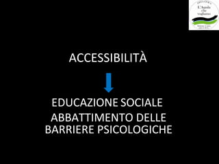 ACCESSIBILITÀ


 EDUCAZIONE SOCIALE
 ABBATTIMENTO DELLE
BARRIERE PSICOLOGICHE
 