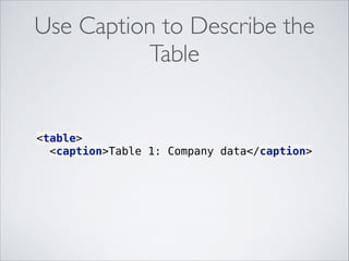 Use Caption to Describe the
Table

<table> 
<caption>Table 1: Company data</caption> 

 