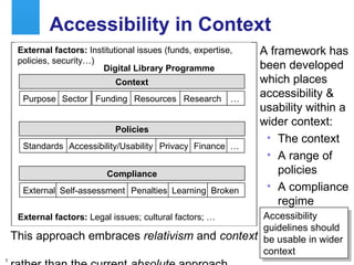 Accessibility in Context A framework has been developed which places accessibility & usability within a wider context: The context A range of policies A compliance regime  Purpose Sector Funding Resources Context Accessibility/Usability Privacy Policies … Finance External Self-assessment Penalties Learning Compliance Digital Library Programme Broken Standards Research … External factors:  Institutional issues (funds, expertise, policies, security…) External factors:  Legal issues; cultural factors; … This approach embraces  relativism  and  context   rather than the current  absolute  approach Accessibility guidelines should be usable in wider context 