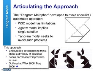 Articulating the Approach The "Tangram Metaphor" developed to avoid checklist / automated approach: W3C model has limitations Jigsaw model implies  single solution Tangram model seeks to  avoid such problems This approach: Encourages developers to think about a diversity of solutions Focus on 'pleasure' it provides to user Outlined at W4A 2006, May 2006 Tangram Model 