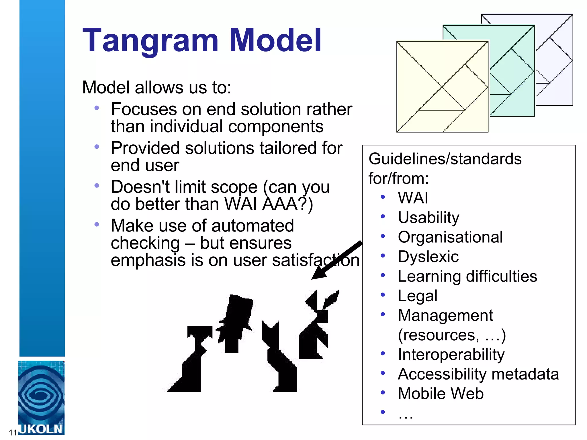 Tangram Model Model allows us to: Focuses on end solution rather than individual components Provided solutions tailored for end user Doesn't limit scope (can you  do better than WAI AAA?) Make use of automated checking – but ensures emphasis is on user satisfaction Guidelines/standards for/from: WAI Usability Organisational Dyslexic  Learning difficulties Legal Management (resources, …) Interoperability Accessibility metadata Mobile Web … 
