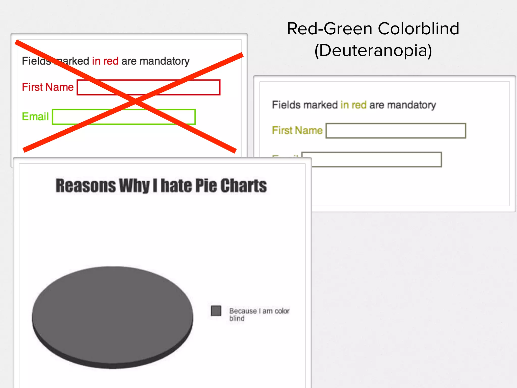 Visual Considerations
✓start with a good font size & high contrast
• Contrast Checker Tool - contrast-finder.tanaguru.com
• Chrome Plugin - http://bit.ly/1ljQvFF
• Accessible colour palette how-to http://bit.ly/1fnbmJp
✓don’t rely on colour alone
• add legends and texture or symbols
• all images have a meaningful alt attribute
• W3C How to write Alt Text http://bit.ly/1aKwIOg
• More from A List Apart http://bit.ly/1aKwRkI
 