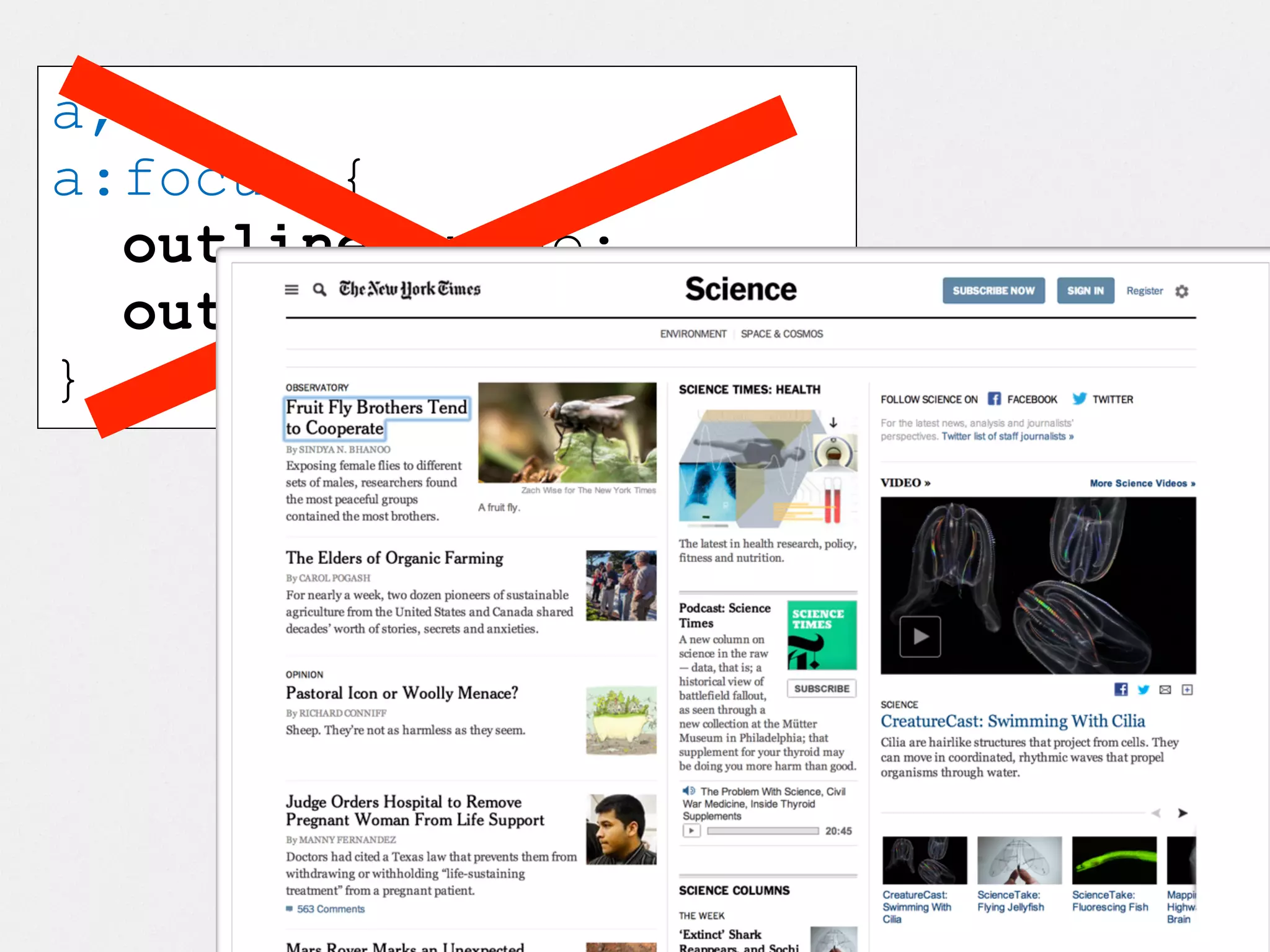 Keyboard Strategy
✓ obvious focus states (keep those outlines!)
• add tabindex=0 to non-focusable, clickable
elements
 