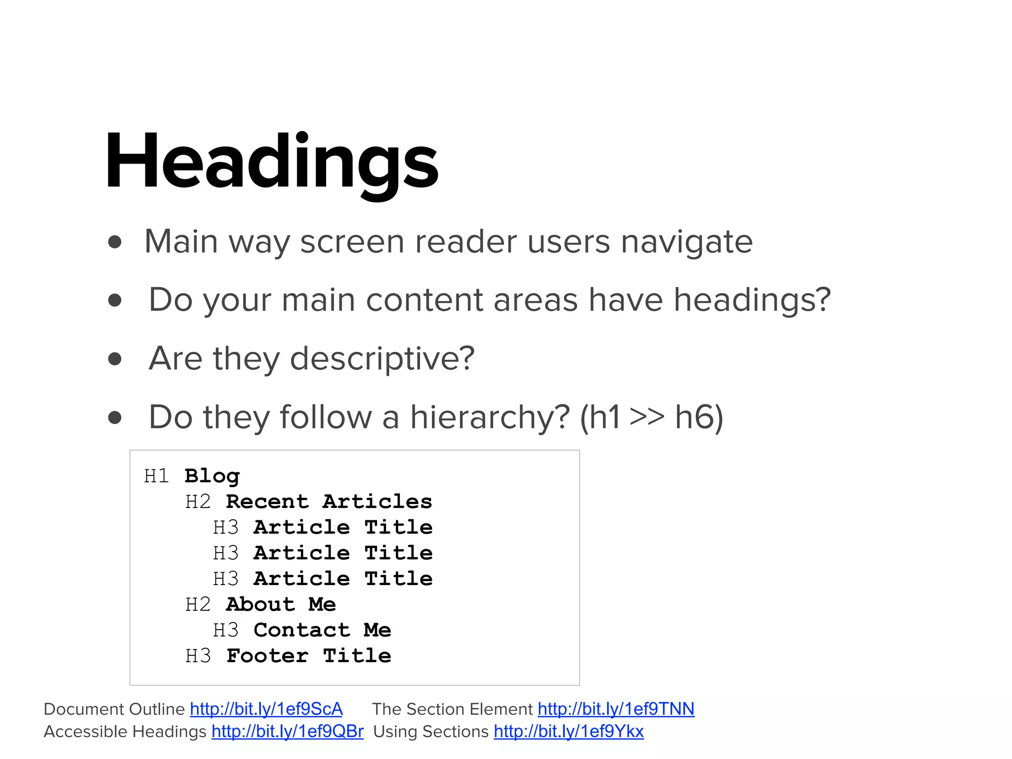 • img with empty alt attribute alt=""
SR’s ignore...
• :before content, :after content* (sort of)
• display: none;
• visibility: hidden;
* in most cases, so assume it won’t be announced
Accessible Icon Fonts http://bit.ly/1efabUP
.icon-star:before {
content: “★”;
}
• keep in mind for icons and icon fonts!
• or just use SVG
 