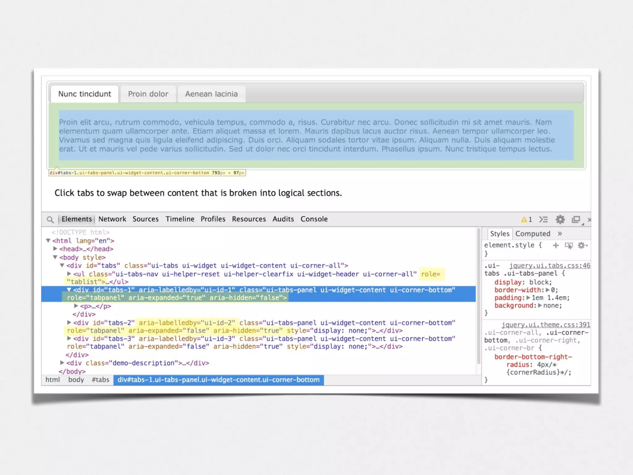 • Applied directly to HTML
!
• Does not affect styles or
non-SR behaviour
• Roles, states & properties
• Semantic information and better
interactions for screen readers
ARIA
• Part of HTML5 spec
HTML5 Spec (W3C) http://bit.ly/1aKxXx5
ARIA Spec (W3C) http://bit.ly/1aKya3f
 