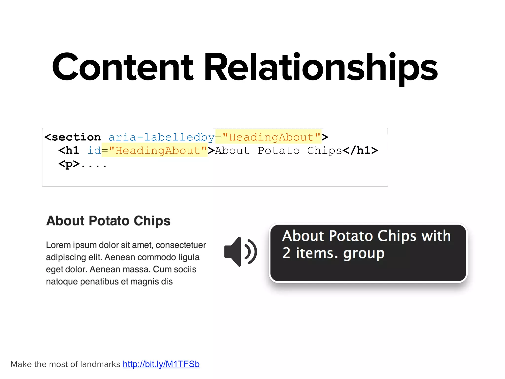 Content Relationships
<nav role="navigation" aria-label="Chip Section Navigation">
<ul>
<li>
<a href="/types">Flavors</a>
</li>
 