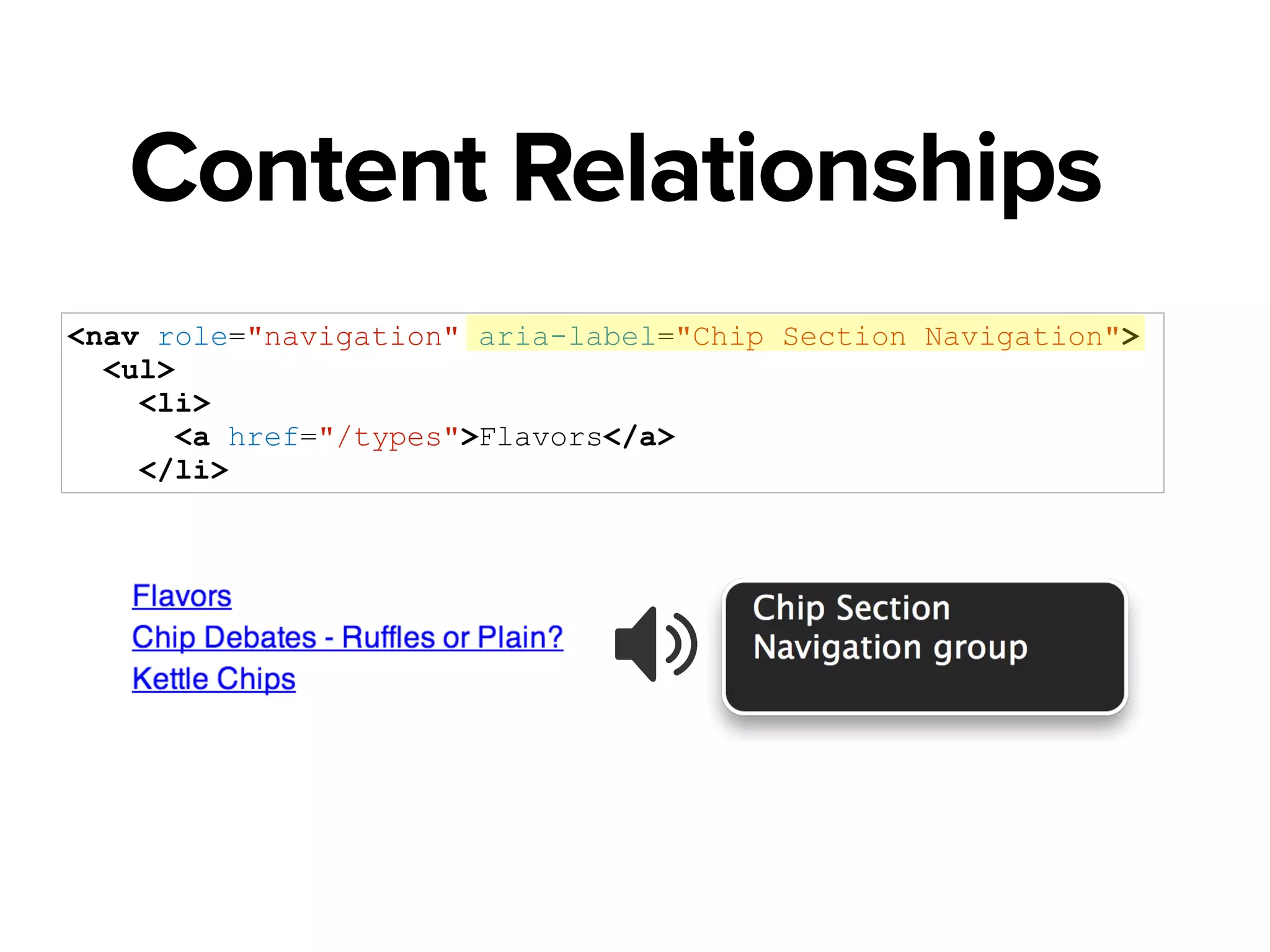 <label for="InputPhoneNumber">Phone Number</label>
<input aria-describedby="PhoneHelpText" id="InputPhoneNumber">
<span id="PhoneHelpText">
eg. 555-555-5555. We will use this number only in
case of emergency
</span>
Content Relationships
 