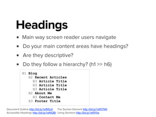• img with empty alt attribute alt=""
SR’s ignore...
• :before content, :after content* (sort of)
• display: none;
• visibility: hidden;
* in most cases, so assume it won’t be announced
Accessible Icon Fonts http://bit.ly/1efabUP
.icon-star:before {
content: “★”;
}
• keep in mind for icons and icon fonts!
• or just use SVG
 