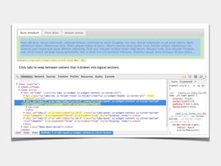 • Applied directly to HTML
!
• Does not affect styles or
non-SR behaviour
• Roles, states & properties
• Semantic information and better
interactions for screen readers
ARIA
• Part of HTML5 spec
HTML5 Spec (W3C) http://bit.ly/1aKxXx5
ARIA Spec (W3C) http://bit.ly/1aKya3f
 