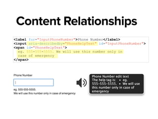 <label for="InputPhoneNumber">Phone Number</label>
<input aria-describedby="PhoneHelpText" aria-required="true"
id="InputPhoneNumber">
<span id="PhoneHelpText">
eg. 555-555-5555. We will use this number only in
case of emergency
</span>
Descriptions
 