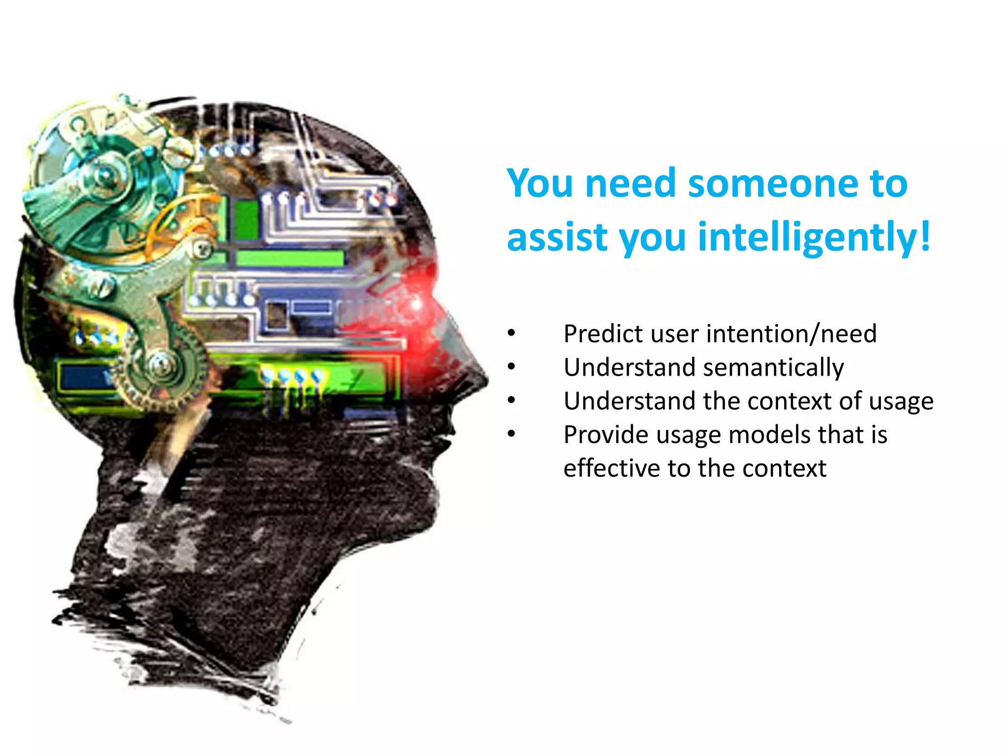 You need someone to 
assist you intelligently! 
• Predict user intention/need 
• Understand semantically 
• Understand the context of usage 
• Provide usage models that is 
effective to the context 
 
