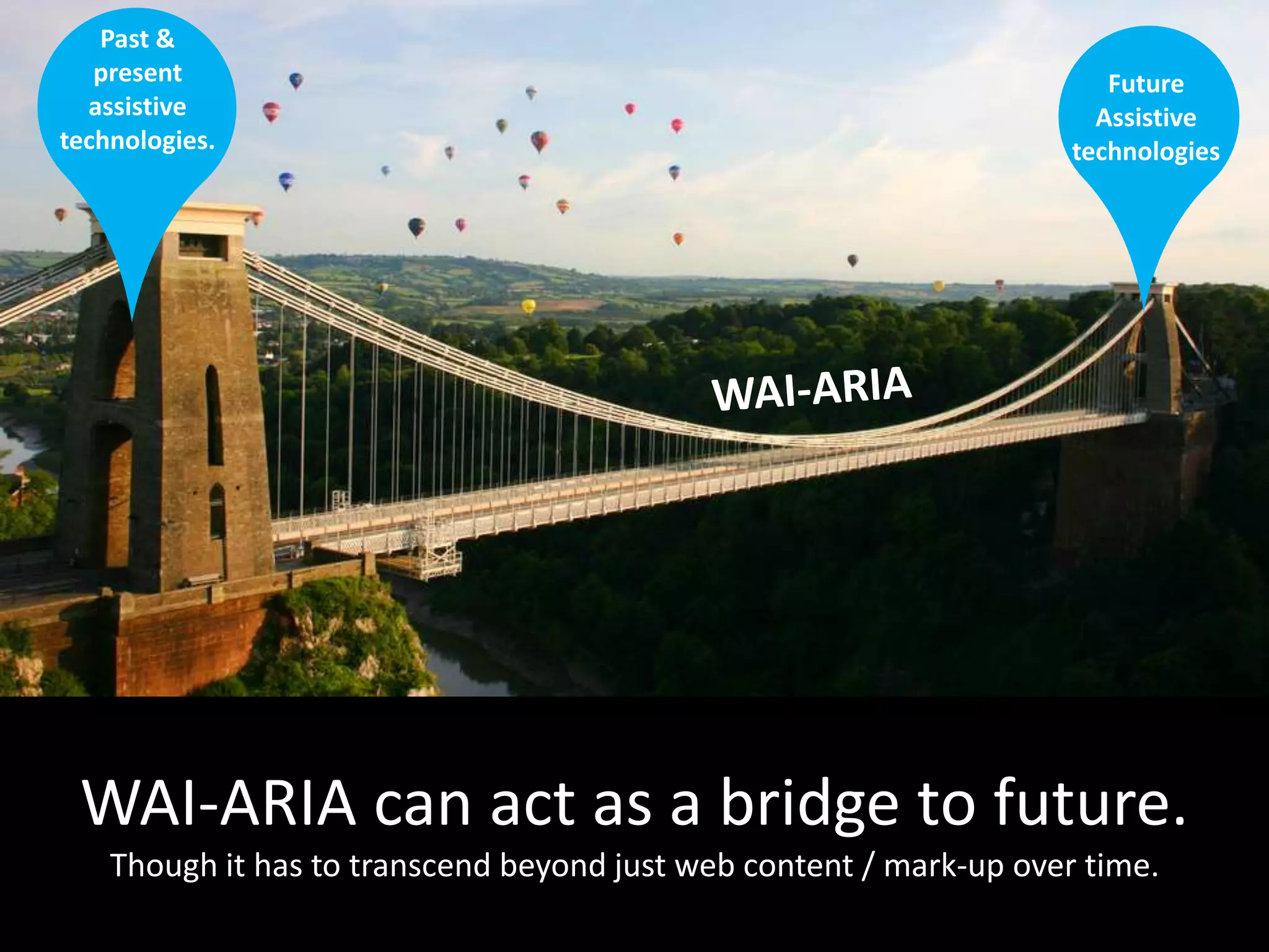 Future 
Assistive 
technologies 
Past & 
present 
assistive 
technologies. 
WAI-ARIA can act as a bridge to future. 
Though it has to transcend beyond just web content / mark-up over time. 
 