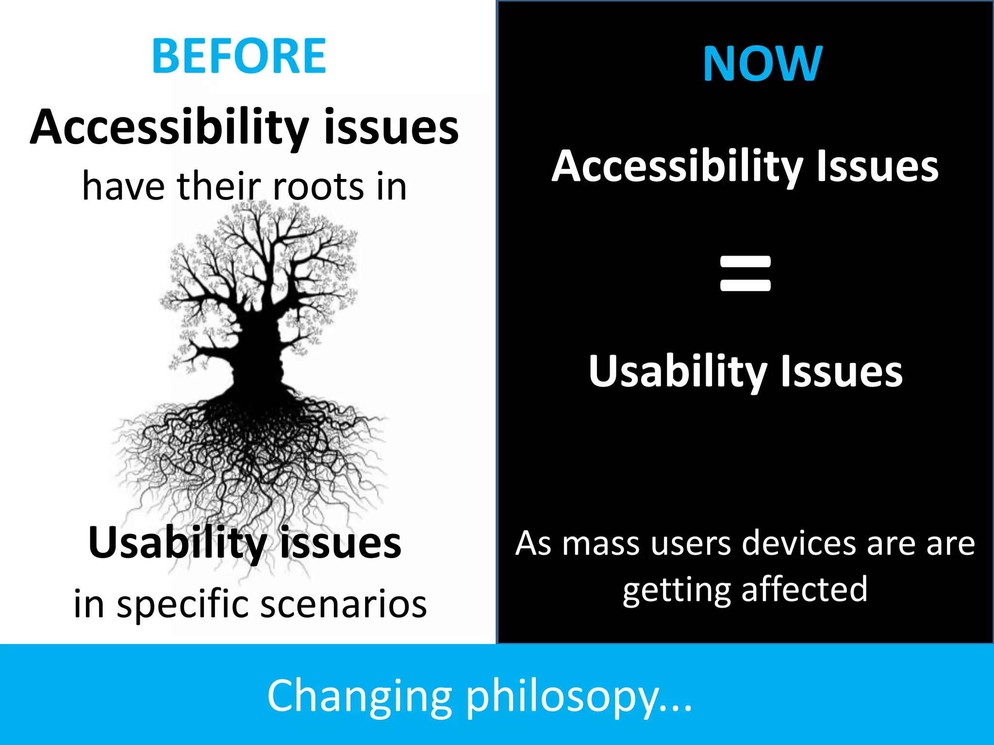 BEFORE NOW 
Accessibility issues 
have their roots in 
Usability issues 
in specific scenarios 
Accessibility Issues 
= 
Usability Issues 
As mass users devices are are 
getting affected 
Changing philosopy... 
 