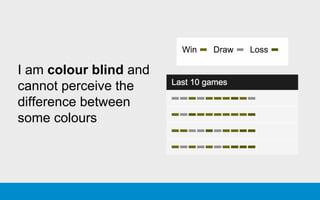 I am colour blind and
cannot perceive the
difference between
some colours
 
