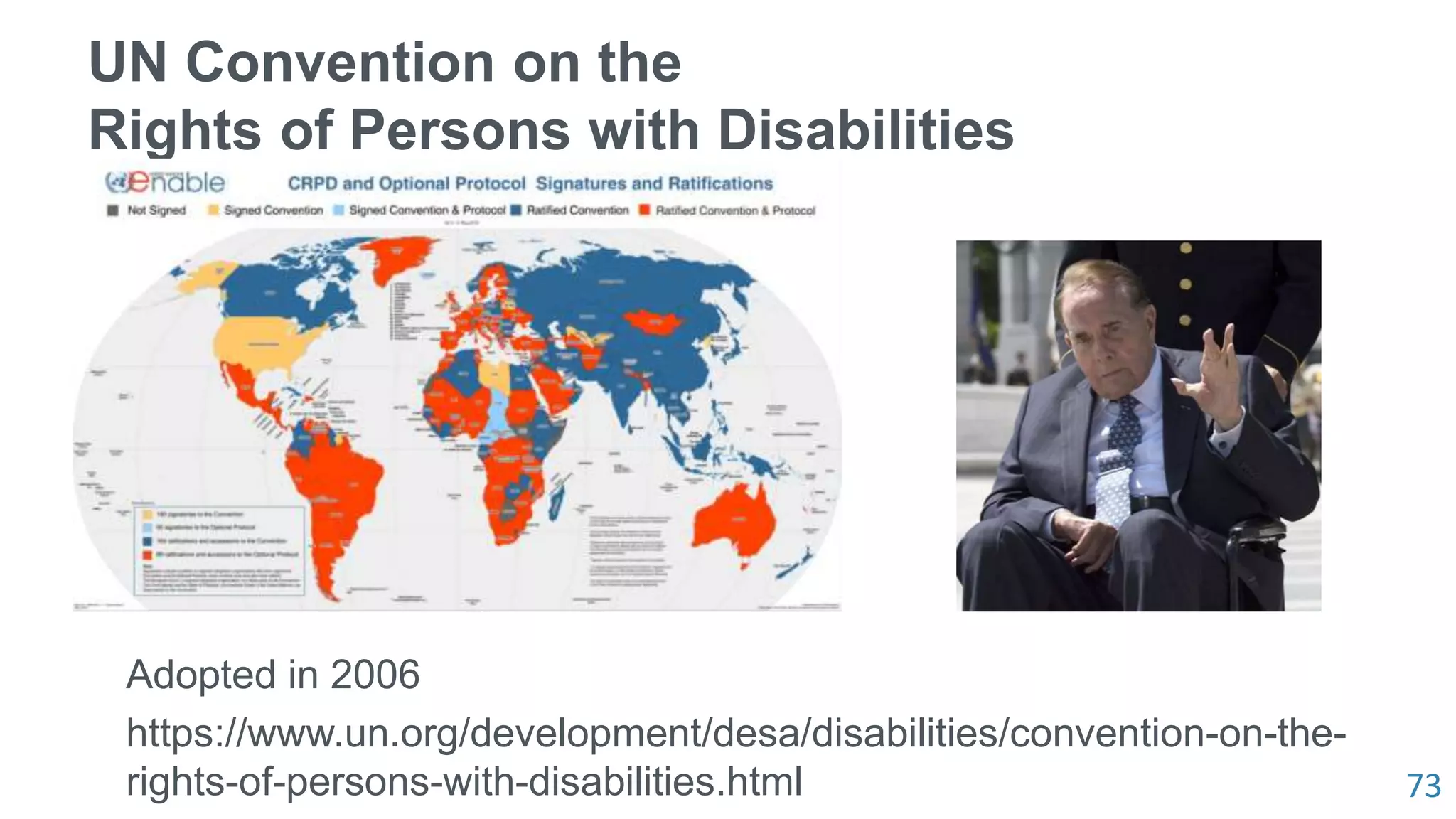 73
UN Convention on the
Rights of Persons with Disabilities
Adopted in 2006
https://www.un.org/development/desa/disabilities/convention-on-the-
rights-of-persons-with-disabilities.html
 