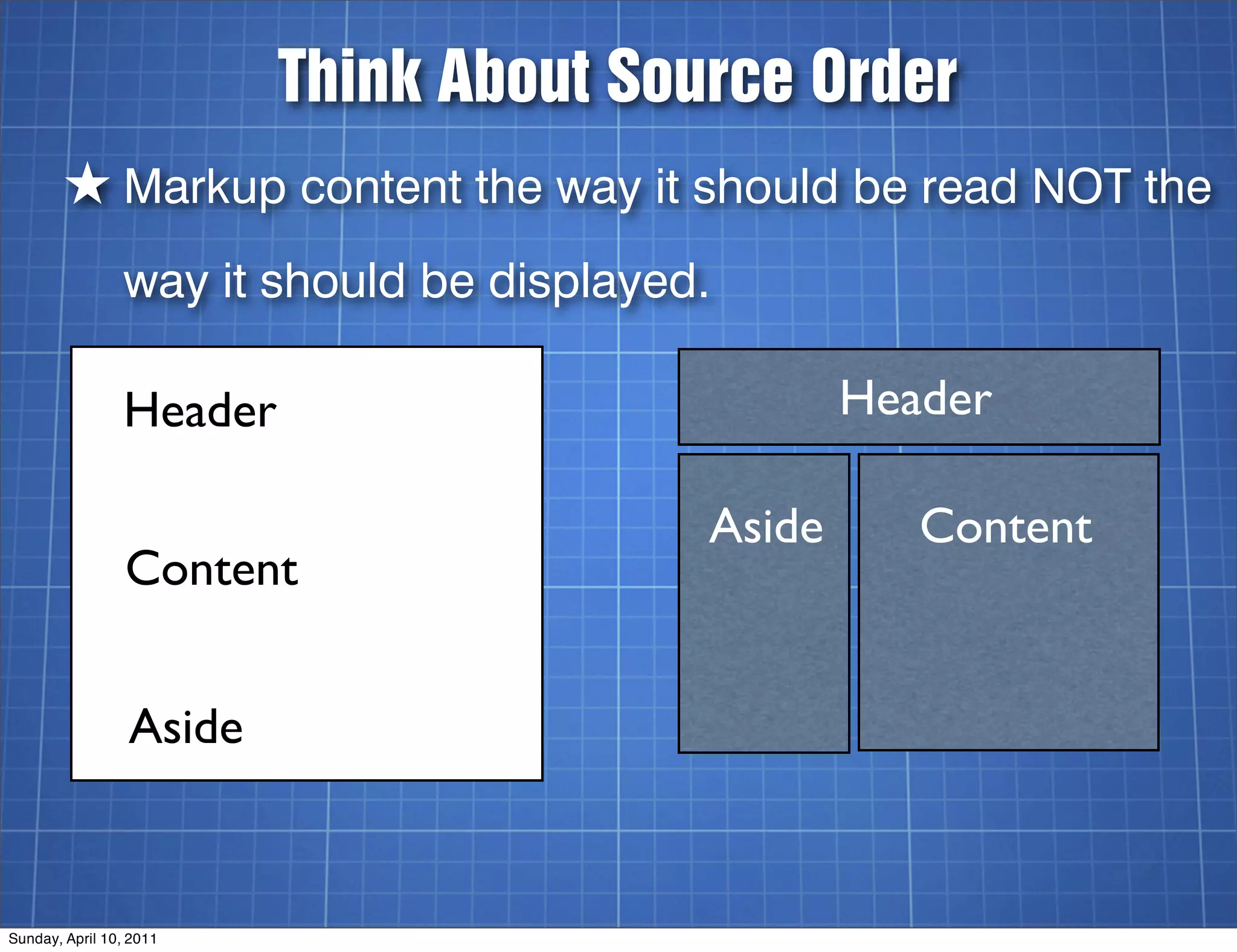 Think About Source Order
        ★ Markup content the way it should be read NOT the
                way it should be displayed.

                Header                            Header

                                          Aside      Content
                 Content


                 Aside


Sunday, April 10, 2011
 