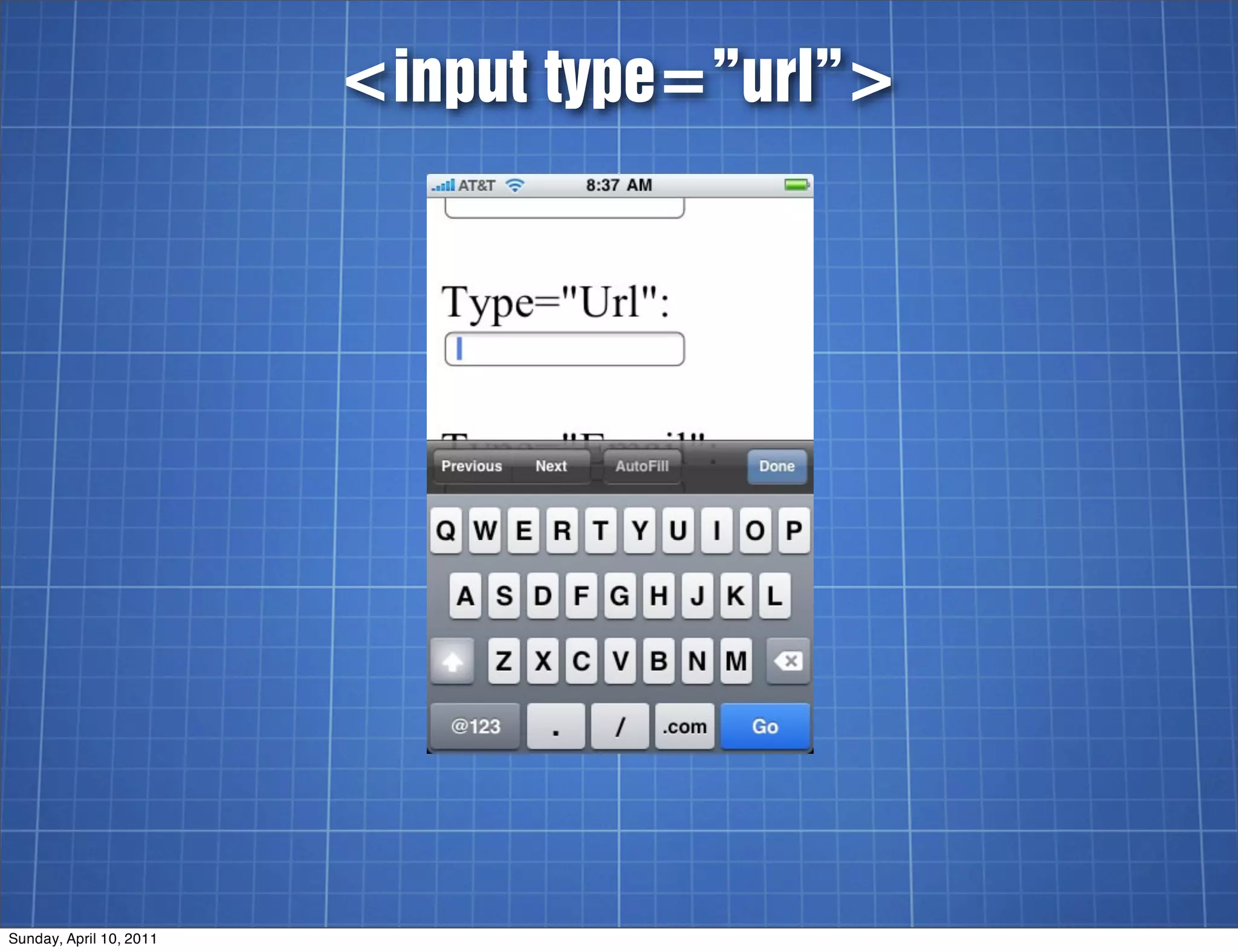 <input type=”url”>




Sunday, April 10, 2011
 