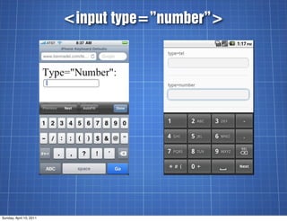 <input type=”number”>




Sunday, April 10, 2011
 