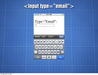 <input type=”email”>




Sunday, April 10, 2011
 