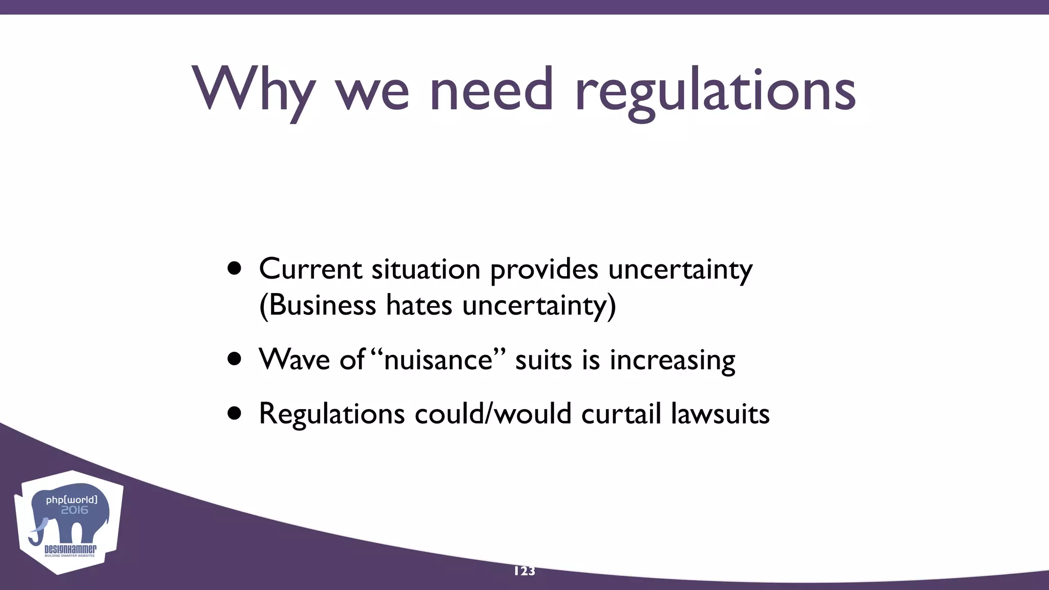 Why we need regulations
• Current situation provides uncertainty 
(Business hates uncertainty)
• Wave of “nuisance” suits is increasing
• Regulations could/would curtail lawsuits
123
 