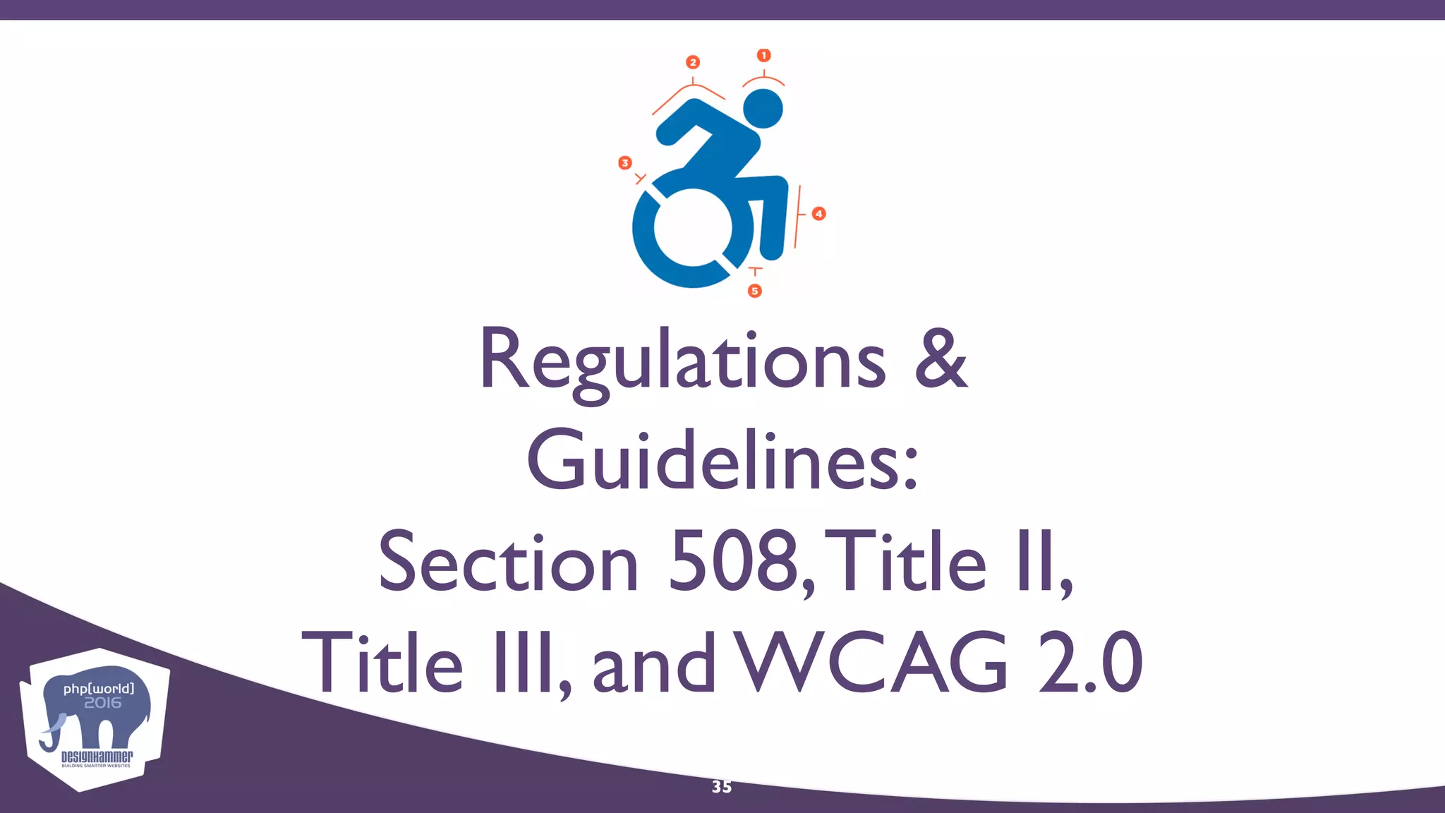 Regulations &
Guidelines:
Section 508,Title II,
Title III, and WCAG 2.0
35
 