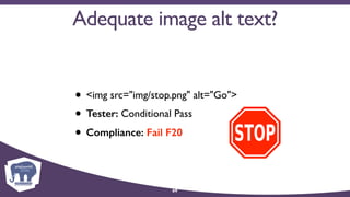 Adequate image alt text?
• <img src="img/stop.png" alt="Go">
• Tester: Conditional Pass
• Compliance: Fail F20
69
 