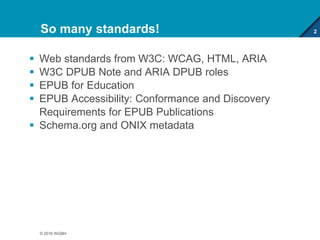 So many standards!
 Web standards from W3C: WCAG, HTML, ARIA
 W3C DPUB Note and ARIA DPUB roles
 EPUB for Education
 EPUB Accessibility: Conformance and Discovery
Requirements for EPUB Publications
 Schema.org and ONIX metadata
2
© 2016 WGBH
 