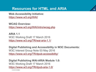 Resources for HTML and ARIA
Web Accessibility Initiative:
https://www.w3.org/WAI/
WCAG Overview:
https://www.w3.org/WAI/in...