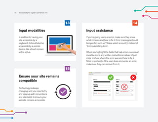16 Accessibility for Digital Experiences 101
ZIP Code
Address
13 14
Input modalities
In addition to having your
site accessible by a
keyboard, it should also be
accessible by a pointer
device, like a touch screen
with a stylus.
15
Ensure your site remains
compatible
Technology is always
changing, and you need to try
and keep up with conventions
and standards to ensure your
website remains accessible.
Input assistance
If you’re giving users an error, make sure they know
what it means and how to fix it. Error messages should
be specific, such as ‘Please select a country’ instead of
‘Error submitting form’.
When you highlight the fields that had errors, use visual
cues like icons and written instructions instead of just
color to show where the error was and how to fix it.
Most importantly, if the user does encounter an error,
make sure they can recover from it.
City
Country Please select the country
ZIP Code
Address
City
Country
Error submitting form
 