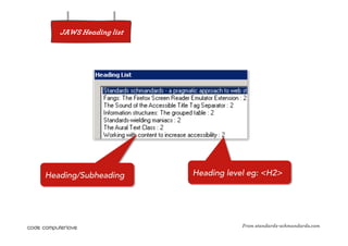 JAWS Heading list




Heading/Subheading     Heading level eg: <H2>




                                   From standards-schmandards.com
 