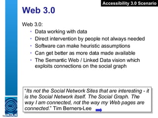 Web 3.0 Web 3.0: Data working with data Direct intervention by people not always needed Software can make heuristic assumptions Can get better as more data made available The Semantic Web / Linked Data vision which exploits connections on the social graph “ Its not the Social Network Sites that are interesting - it is the Social Network itself. The Social Graph. The way I am connected, not the way my Web pages are connected. ” Tim Berners-Lee Accessibility 3.0 Scenario 