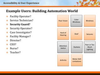 Accessibility & User Experience
World Headquarters
Cincinnati, Ohio
Poor Vision
Color
Blindness
Blindness
Hard of
Hearing
Deaf
Arthritis
Motor Skill
Limitations
Seizures
Attention
Deficit
Dyslexia
Poor or Too
Much
Lighting
 Facility Operator?
 Service Technician?
 Security Guard?
 Security Operator?
 Case Investigator?
 Facility Manager?
 Director?
 CEO?
 Nurse?
 Teacher?
Example Users: Building Automation World
 