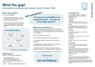 Mind the gap! Accessibility as everyday good practice, Sarah Horrigan, 2009 ,[object Object],[object Object],[object Object],[object Object],[object Object],[object Object],[object Object],[object Object],[object Object],[object Object],[object Object],What’s the problem? It’s much easier to make your materials accessible from the outset, so remember to check the following:  “ INCLUDE”   I = Images   Use descriptive alternative text and make sure that whatever the image is designed to convey is apparent N = Net   Put your materials online.  Whether that’s using a FirstClass forum or sending an e-mail to your students… using the Net will provide far greater access to your resources C = Clarity   Use clear, sans serif fonts - make sure your writing is readable and can be read! L = Layout Think about the way you layout materials – use white space and avoid clutter U = Useful Make sure all content is useful and has a reason to be included! D = Descriptive Ensure you describe resources, either face-to-face or online.  Description helps clarity helps accessibility! E = Experience Share experience. Whether that’s asking students what they want / need from you or finding out from others how they’ve handled specific accessibility issues.  You don’t have to be an “accessibility expert”! People like JISC TechDis ( http://www.techdis.ac.uk ) are available with education-specific advice. Small changes = BIG DIFFERENCE References: Cherim, M. (2007), Overcoming objections to accessibility, Accessites.org, http://accessites.org/site/2007/05/overcoming-objections-to-accessibility/ (Accessed 20 May 2009) DRC (2004), “The Web: Access and Inclusion for Disabled People”, http://www.equalityhumanrights.com/en/publicationsandresources/Documents/Disability/web_access_and_inclusion.pdf (Accessed 20 May 2009) “ If we know accessibility is an important issue… why do we do so little about it?” Ask ourselves… ,[object Object],[object Object],[object Object],[object Object],[object Object],[object Object],[object Object],[object Object],A simple tool… But none of my students has a disability… Accessibility Myths… It’s too expensive to make change… There’s nothing wrong with my materials… It’s not my issue… It’s too complicated and I haven’t the time… My materials will look ugly… …  all of which can easily be addressed! 