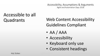 Ady Stokes @CricketRulz thebigtesttheory.com
Accessibility, Assumptions & Arguments
Agile and Automation Days 2018
Accessible to all
Quadrants Web Content Accessibility
Guidelines Compliant
• AA / AAA
• Accessibility
• Keyboard only use
• Consistent headings
 