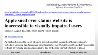 Ady Stokes @CricketRulz thebigtesttheory.com
Accessibility, Assumptions & Arguments
Agile and Automation Days 2018
 