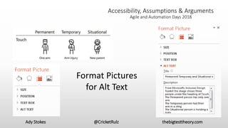 Ady Stokes @CricketRulz thebigtesttheory.com
Accessibility, Assumptions & Arguments
Agile and Automation Days 2018
Format Pictures
for Alt Text
 