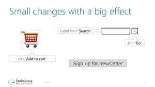 Small changes with a big effect
Label for=”Search”

c
alt=”Go”

Image: SmallCart400.jpg
alt=”Add to cart”

31-10-13

Sign up for newsletter

9

 