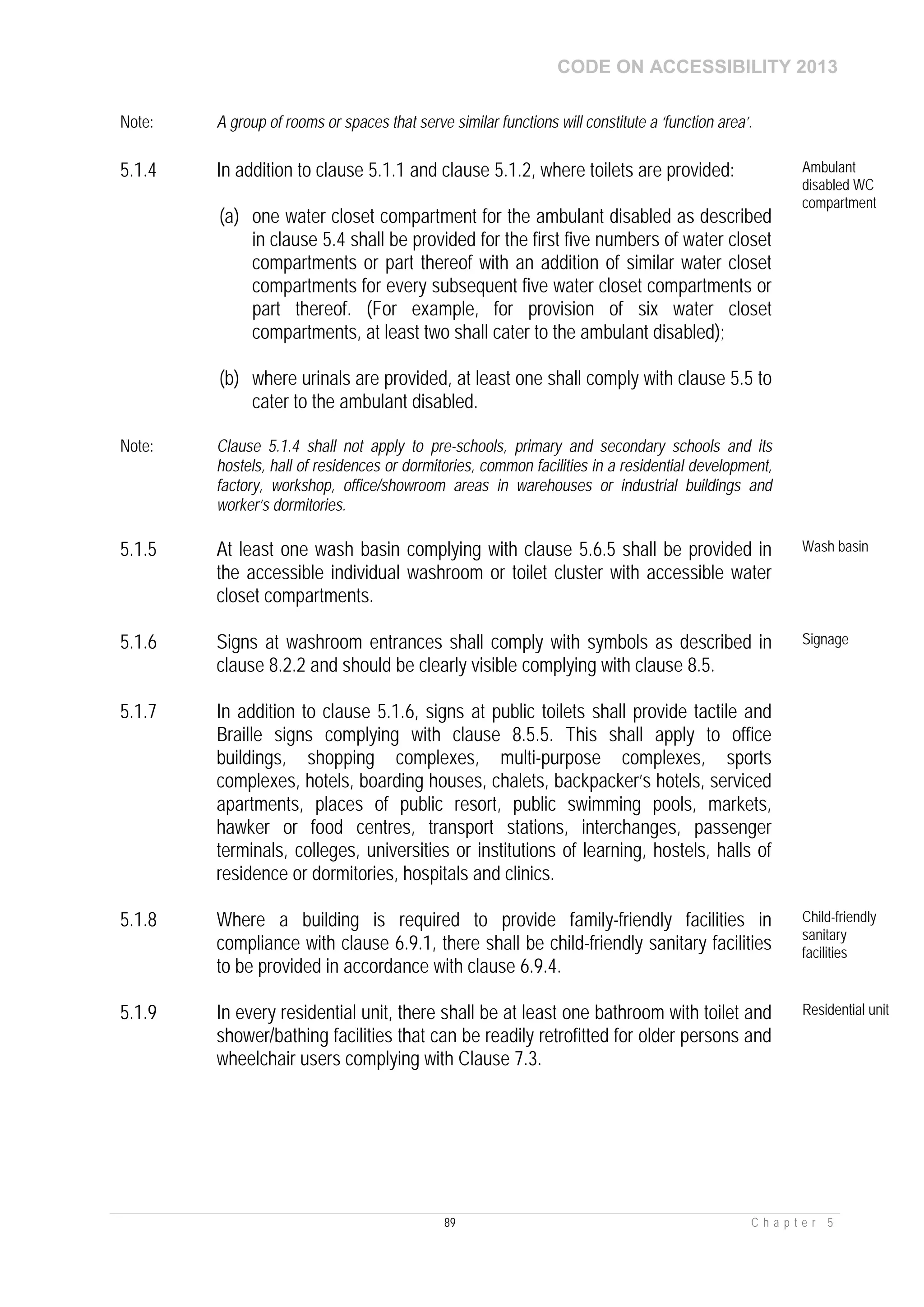 CODE ON ACCESSIBILITY 2013
89 C h a p t e r 5
Note: A group of rooms or spaces that serve similar functions will constitute a ‘function area’.
5.1.4 In addition to clause 5.1.1 and clause 5.1.2, where toilets are provided:
(a) one water closet compartment for the ambulant disabled as described
in clause 5.4 shall be provided for the first five numbers of water closet
compartments or part thereof with an addition of similar water closet
compartments for every subsequent five water closet compartments or
part thereof. (For example, for provision of six water closet
compartments, at least two shall cater to the ambulant disabled);
(b) where urinals are provided, at least one shall comply with clause 5.5 to
cater to the ambulant disabled.
Ambulant
disabled WC
compartment
Note: Clause 5.1.4 shall not apply to pre-schools, primary and secondary schools and its
hostels, hall of residences or dormitories, common facilities in a residential development,
factory, workshop, office/showroom areas in warehouses or industrial buildings and
worker’s dormitories.
5.1.5 At least one wash basin complying with clause 5.6.5 shall be provided in
the accessible individual washroom or toilet cluster with accessible water
closet compartments.
Wash basin
5.1.6 Signs at washroom entrances shall comply with symbols as described in
clause 8.2.2 and should be clearly visible complying with clause 8.5.
Signage
5.1.7 In addition to clause 5.1.6, signs at public toilets shall provide tactile and
Braille signs complying with clause 8.5.5. This shall apply to office
buildings, shopping complexes, multi-purpose complexes, sports
complexes, hotels, boarding houses, chalets, backpacker’s hotels, serviced
apartments, places of public resort, public swimming pools, markets,
hawker or food centres, transport stations, interchanges, passenger
terminals, colleges, universities or institutions of learning, hostels, halls of
residence or dormitories, hospitals and clinics.
5.1.8 Where a building is required to provide family-friendly facilities in
compliance with clause 6.9.1, there shall be child-friendly sanitary facilities
to be provided in accordance with clause 6.9.4.
Child-friendly
sanitary
facilities
5.1.9 In every residential unit, there shall be at least one bathroom with toilet and
shower/bathing facilities that can be readily retrofitted for older persons and
wheelchair users complying with Clause 7.3.
Residential unit
 