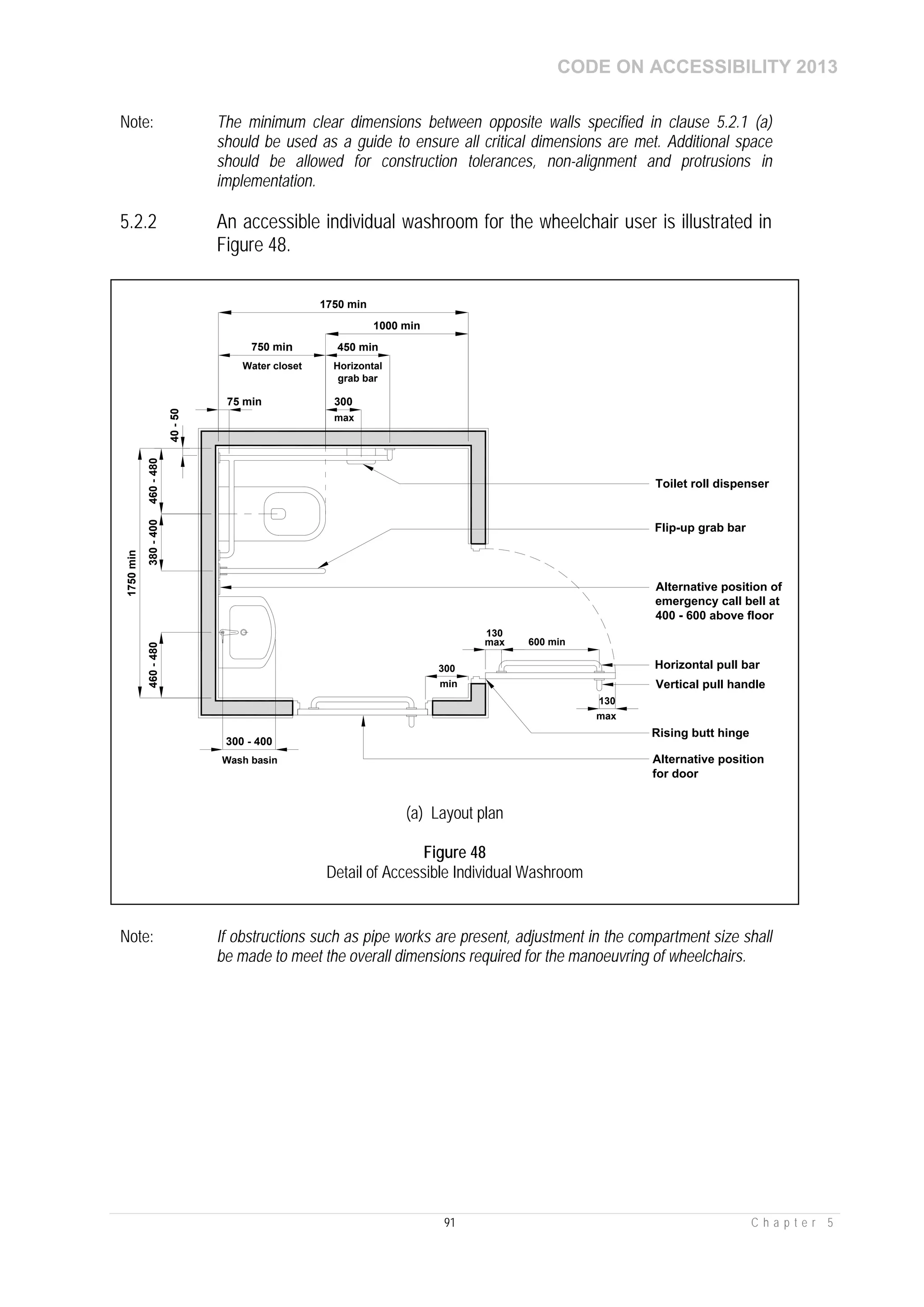 CODE ON ACCESSIBILITY 2013
91 C h a p t e r 5
Note: The minimum clear dimensions between opposite walls specified in clause 5.2.1 (a)
should be used as a guide to ensure all critical dimensions are met. Additional space
should be allowed for construction tolerances, non-alignment and protrusions in
implementation.
5.2.2 An accessible individual washroom for the wheelchair user is illustrated in
Figure 48.
Note: If obstructions such as pipe works are present, adjustment in the compartment size shall
be made to meet the overall dimensions required for the manoeuvring of wheelchairs.
Alternative position of
emergency call bell at
400 - 600 above floor
Horizontal pull bar
Alternative position
for door
Rising butt hinge
Toilet roll dispenser
750 min 450 min
75 min
1750min
380-400460-480
40-50
1000 min
460-480
300
300
min
1750 min
Flip-up grab bar
Vertical pull handle
600 min
130
max
130
max
max
300 - 400
Horizontal
grab bar
Water closet
Wash basin
(a) Layout plan
Figure 48
Detail of Accessible Individual Washroom
 