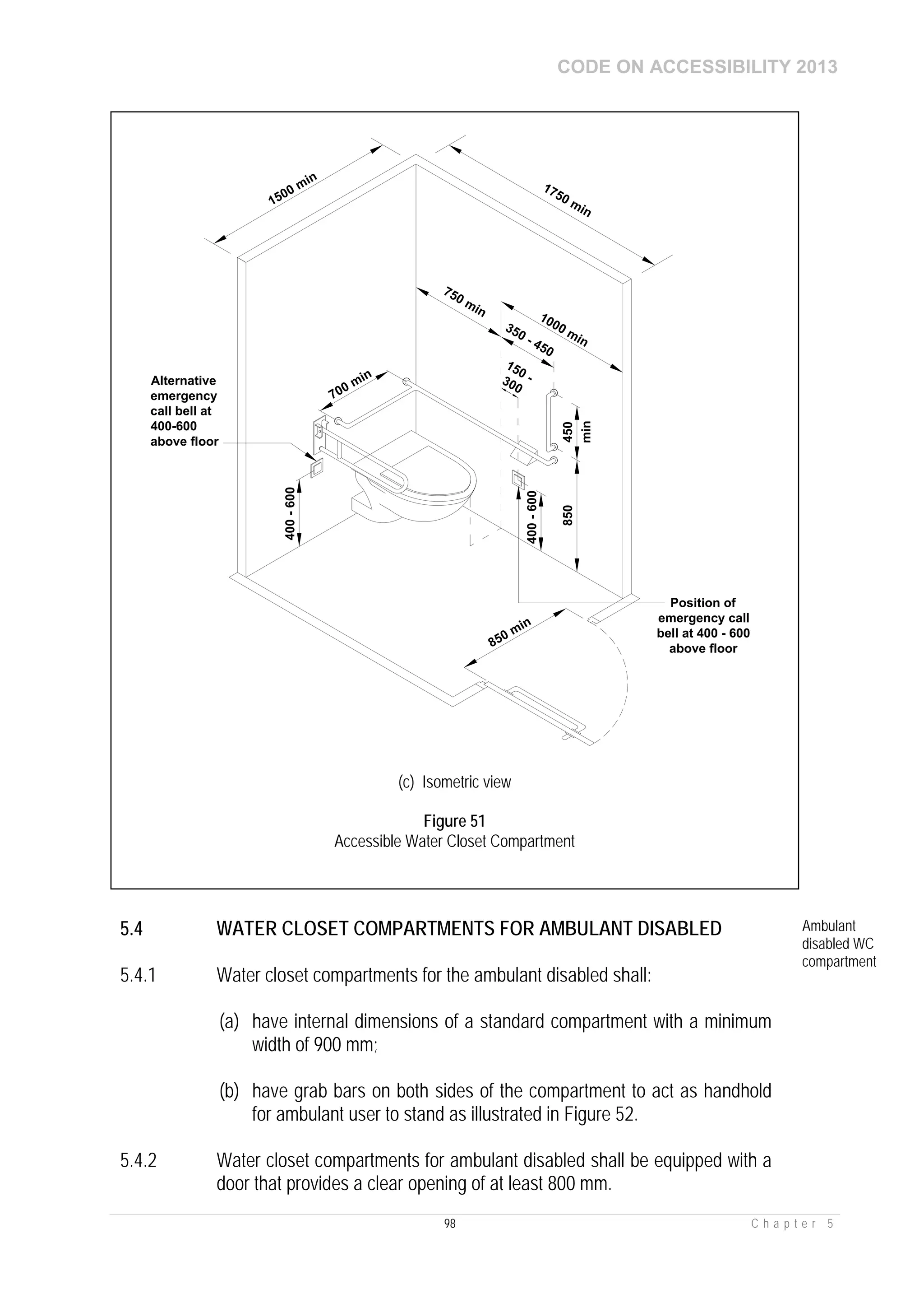 CODE ON ACCESSIBILITY 2013
98 C h a p t e r 5
5.4 WATER CLOSET COMPARTMENTS FOR AMBULANT DISABLED Ambulant
disabled WC
compartment
5.4.1 Water closet compartments for the ambulant disabled shall:
(a) have internal dimensions of a standard compartment with a minimum
width of 900 mm;
(b) have grab bars on both sides of the compartment to act as handhold
for ambulant user to stand as illustrated in Figure 52.
5.4.2 Water closet compartments for ambulant disabled shall be equipped with a
door that provides a clear opening of at least 800 mm.
1500 min
1000 min
850 min
Alternative
emergency
call bell at
400-600
above floor
400-600
150 -300
1750 min
Position of
emergency call
bell at 400 - 600
above floor
850450
min
750 min
350 - 450
400-600
700 min
(c) Isometric view
Figure 51
Accessible Water Closet Compartment
 