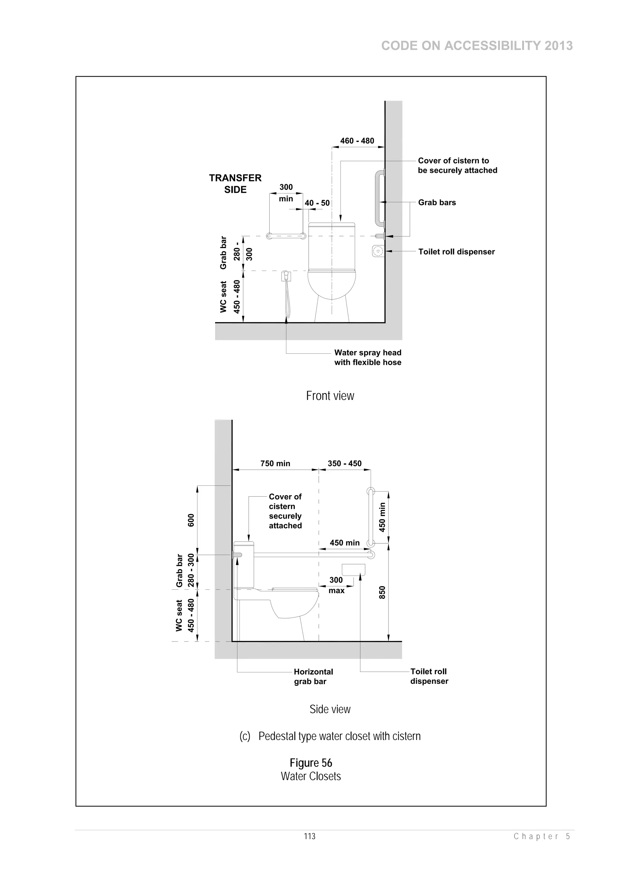 CODE ON ACCESSIBILITY 2013
113 C h a p t e r 5
Toilet roll dispenser
Cover of cistern to
be securely attached
Grab bars
460 - 480
450-480
WCseat
300
Grabbar
280-
300
min
40 - 50
Water spray head
with flexible hose
TRANSFER
SIDE
Front view
Toilet roll
dispenser
300
max
WCseat
750 min 350 - 450
Grabbar
450 min
450min850
450-480280-300600
Cover of
cistern
securely
attached
Horizontal
grab bar
Side view
(c) Pedestal type water closet with cistern
Figure 56
Water Closets
 