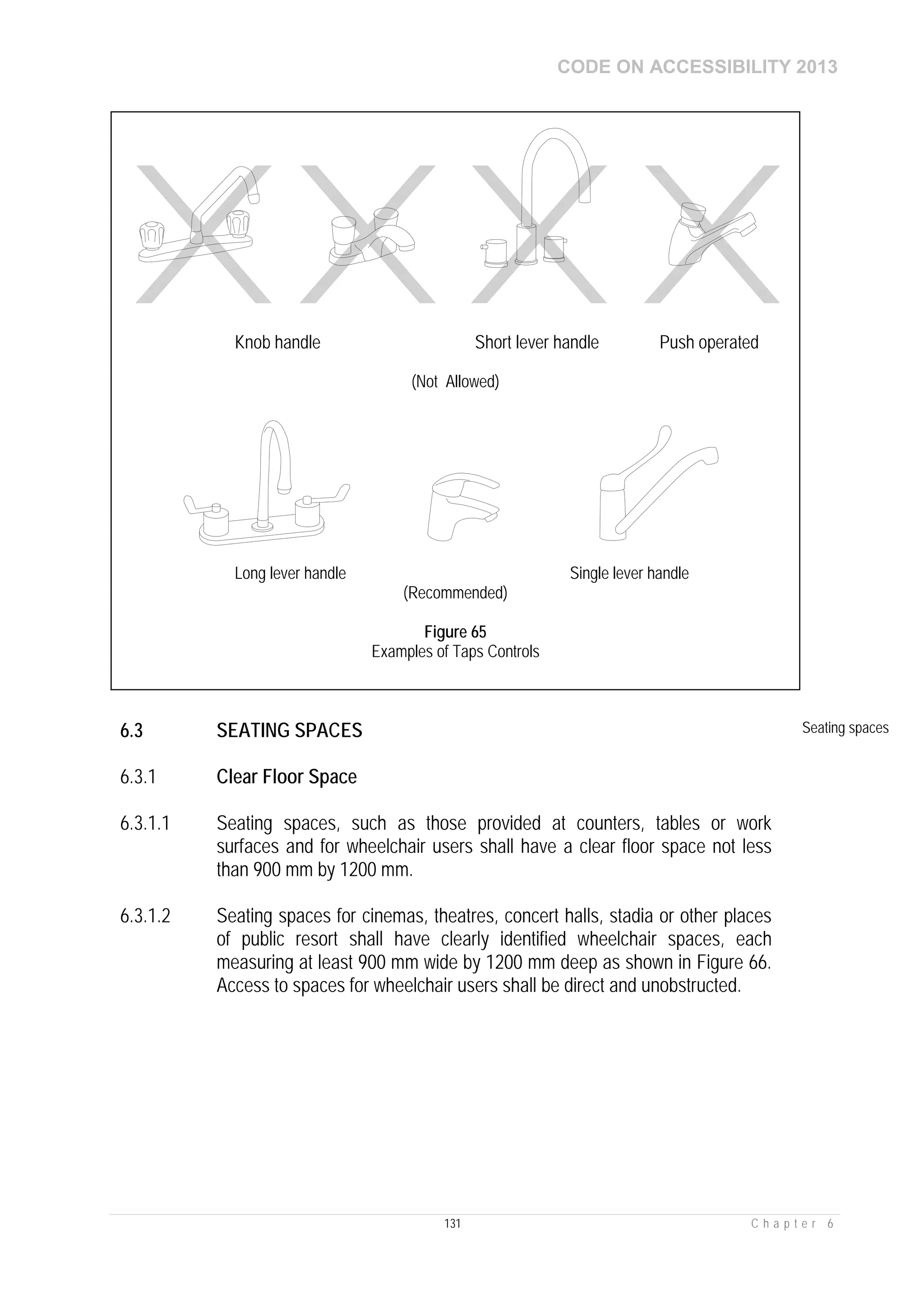CODE ON ACCESSIBILITY 2013
131 C h a p t e r 6
6.3 SEATING SPACES Seating spaces
6.3.1 Clear Floor Space
6.3.1.1 Seating spaces, such as those provided at counters, tables or work
surfaces and for wheelchair users shall have a clear floor space not less
than 900 mm by 1200 mm.
6.3.1.2 Seating spaces for cinemas, theatres, concert halls, stadia or other places
of public resort shall have clearly identified wheelchair spaces, each
measuring at least 900 mm wide by 1200 mm deep as shown in Figure 66.
Access to spaces for wheelchair users shall be direct and unobstructed.
Knob handle Short lever handle Push operated
(Not Allowed)
Long lever handle Single lever handle
(Recommended)
Figure 65
Examples of Taps Controls
 