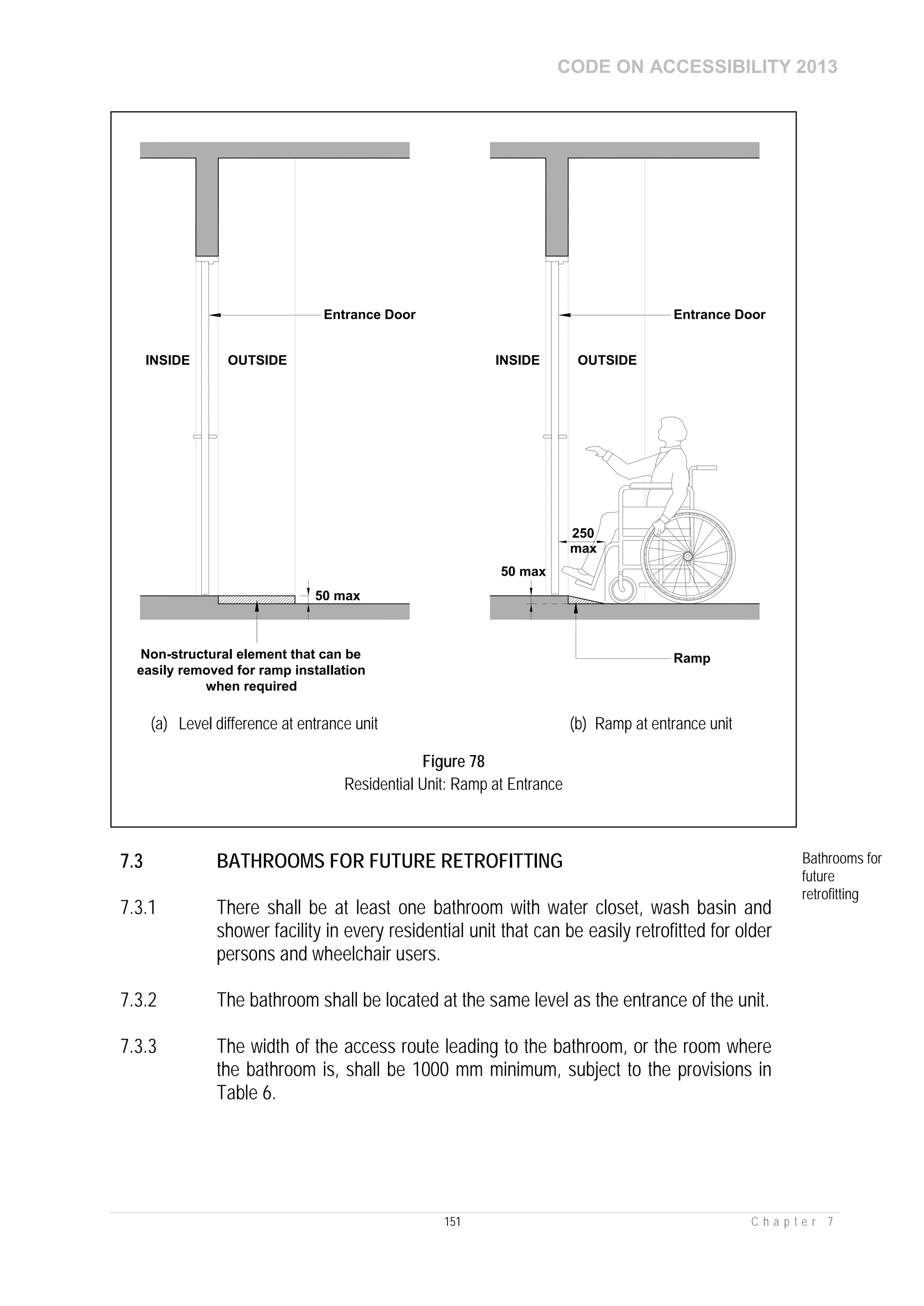 CODE ON ACCESSIBILITY 2013
151 C h a p t e r 7
7.3 BATHROOMS FOR FUTURE RETROFITTING Bathrooms for
future
retrofitting
7.3.1 There shall be at least one bathroom with water closet, wash basin and
shower facility in every residential unit that can be easily retrofitted for older
persons and wheelchair users.
7.3.2 The bathroom shall be located at the same level as the entrance of the unit.
7.3.3 The width of the access route leading to the bathroom, or the room where
the bathroom is, shall be 1000 mm minimum, subject to the provisions in
Table 6.
INSIDE OUTSIDE
50 max
250
Ramp
Entrance Door
INSIDE OUTSIDE
50 max
Non-structural element that can be
easily removed for ramp installation
when required
Entrance Door
max
(a) Level difference at entrance unit (b) Ramp at entrance unit
Figure 78
Residential Unit: Ramp at Entrance
 