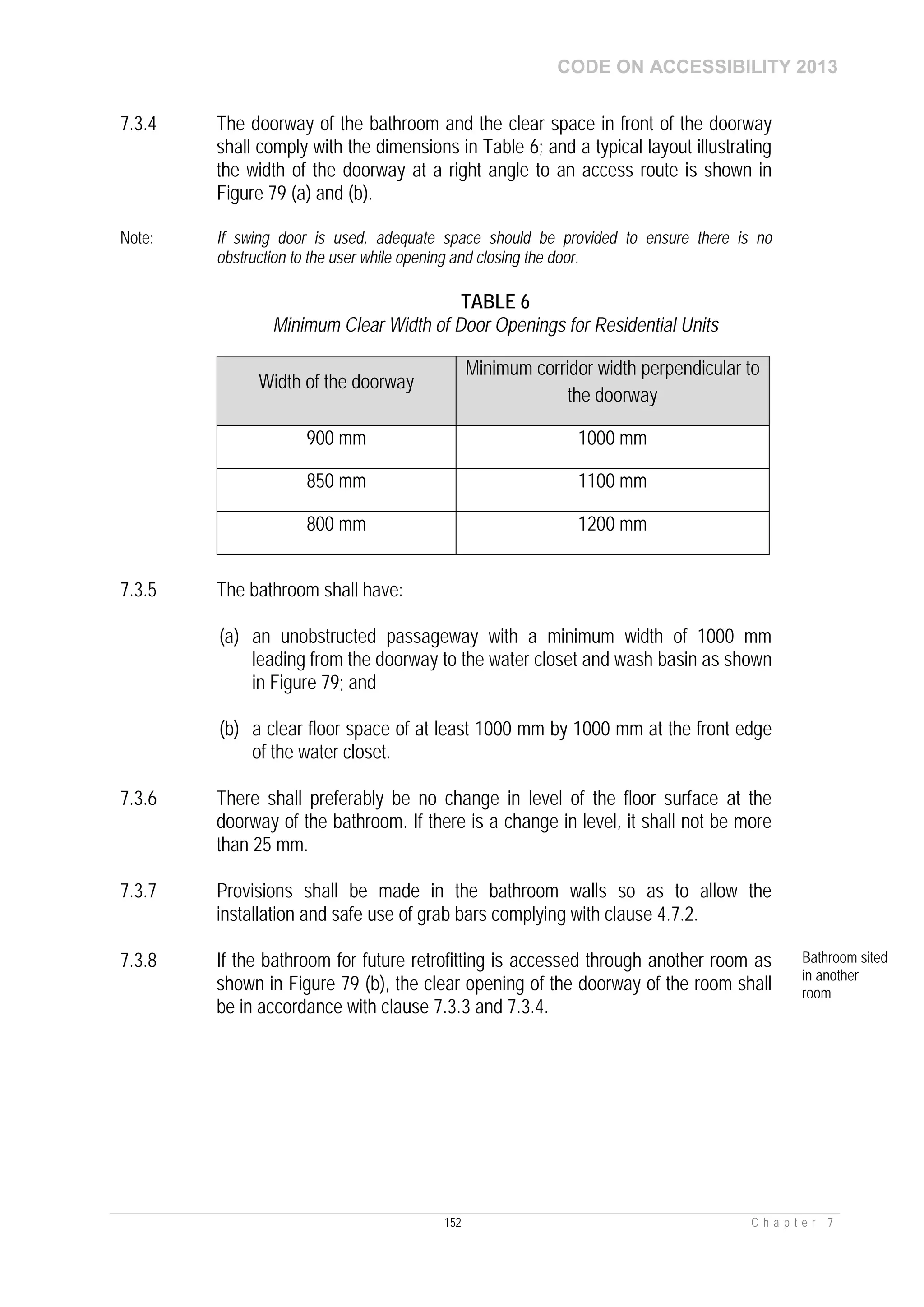 CODE ON ACCESSIBILITY 2013
152 C h a p t e r 7
7.3.4 The doorway of the bathroom and the clear space in front of the doorway
shall comply with the dimensions in Table 6; and a typical layout illustrating
the width of the doorway at a right angle to an access route is shown in
Figure 79 (a) and (b).
Note: If swing door is used, adequate space should be provided to ensure there is no
obstruction to the user while opening and closing the door.
TABLE 6
Minimum Clear Width of Door Openings for Residential Units
Width of the doorway
Minimum corridor width perpendicular to
the doorway
900 mm 1000 mm
850 mm 1100 mm
800 mm 1200 mm
7.3.5 The bathroom shall have:
(a) an unobstructed passageway with a minimum width of 1000 mm
leading from the doorway to the water closet and wash basin as shown
in Figure 79; and
(b) a clear floor space of at least 1000 mm by 1000 mm at the front edge
of the water closet.
7.3.6 There shall preferably be no change in level of the floor surface at the
doorway of the bathroom. If there is a change in level, it shall not be more
than 25 mm.
7.3.7 Provisions shall be made in the bathroom walls so as to allow the
installation and safe use of grab bars complying with clause 4.7.2.
7.3.8 If the bathroom for future retrofitting is accessed through another room as
shown in Figure 79 (b), the clear opening of the doorway of the room shall
be in accordance with clause 7.3.3 and 7.3.4.
Bathroom sited
in another
room
 