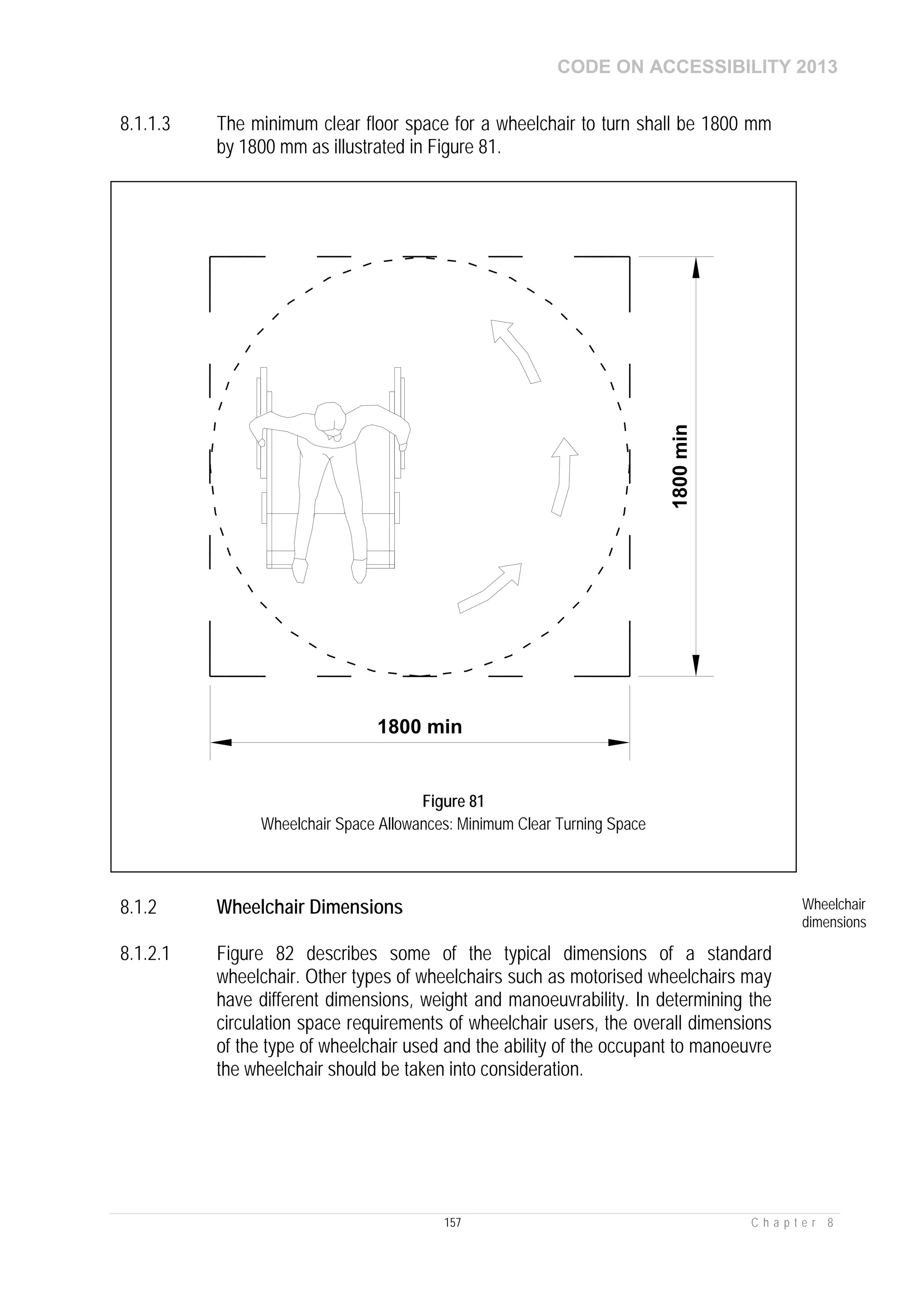 CODE ON ACCESSIBILITY 2013
157 C h a p t e r 8
8.1.1.3 The minimum clear floor space for a wheelchair to turn shall be 1800 mm
by 1800 mm as illustrated in Figure 81.
8.1.2 Wheelchair Dimensions Wheelchair
dimensions
8.1.2.1 Figure 82 describes some of the typical dimensions of a standard
wheelchair. Other types of wheelchairs such as motorised wheelchairs may
have different dimensions, weight and manoeuvrability. In determining the
circulation space requirements of wheelchair users, the overall dimensions
of the type of wheelchair used and the ability of the occupant to manoeuvre
the wheelchair should be taken into consideration.
1800 min
1800min
Figure 81
Wheelchair Space Allowances: Minimum Clear Turning Space
 