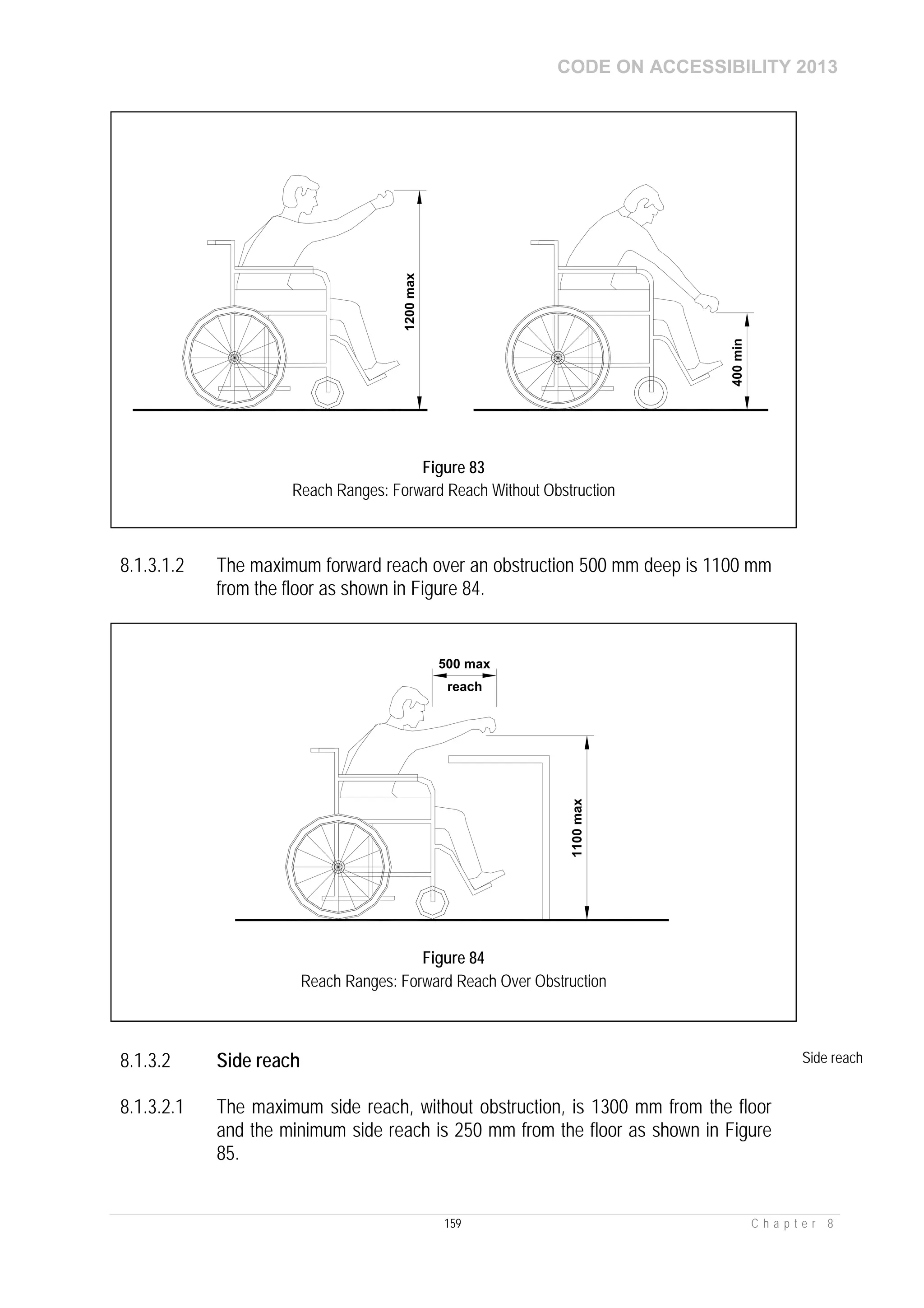 CODE ON ACCESSIBILITY 2013
159 C h a p t e r 8
8.1.3.1.2 The maximum forward reach over an obstruction 500 mm deep is 1100 mm
from the floor as shown in Figure 84.
8.1.3.2 Side reach Side reach
8.1.3.2.1 The maximum side reach, without obstruction, is 1300 mm from the floor
and the minimum side reach is 250 mm from the floor as shown in Figure
85.
400min
1200max
Figure 83
Reach Ranges: Forward Reach Without Obstruction
reach
Figure 84
Reach Ranges: Forward Reach Over Obstruction
 