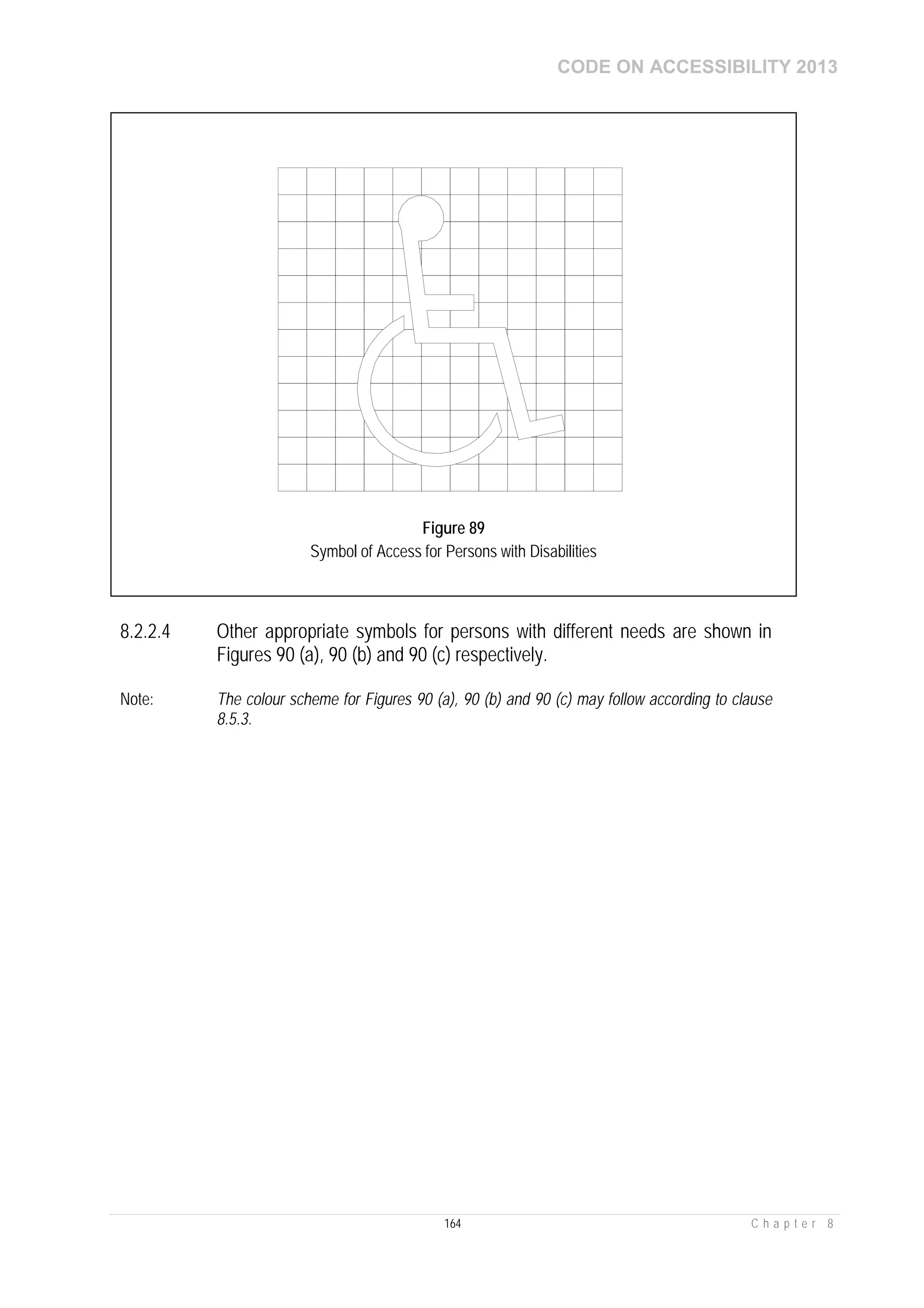 CODE ON ACCESSIBILITY 2013
164 C h a p t e r 8
8.2.2.4 Other appropriate symbols for persons with different needs are shown in
Figures 90 (a), 90 (b) and 90 (c) respectively.
Note: The colour scheme for Figures 90 (a), 90 (b) and 90 (c) may follow according to clause
8.5.3.
Figure 89
Symbol of Access for Persons with Disabilities
 