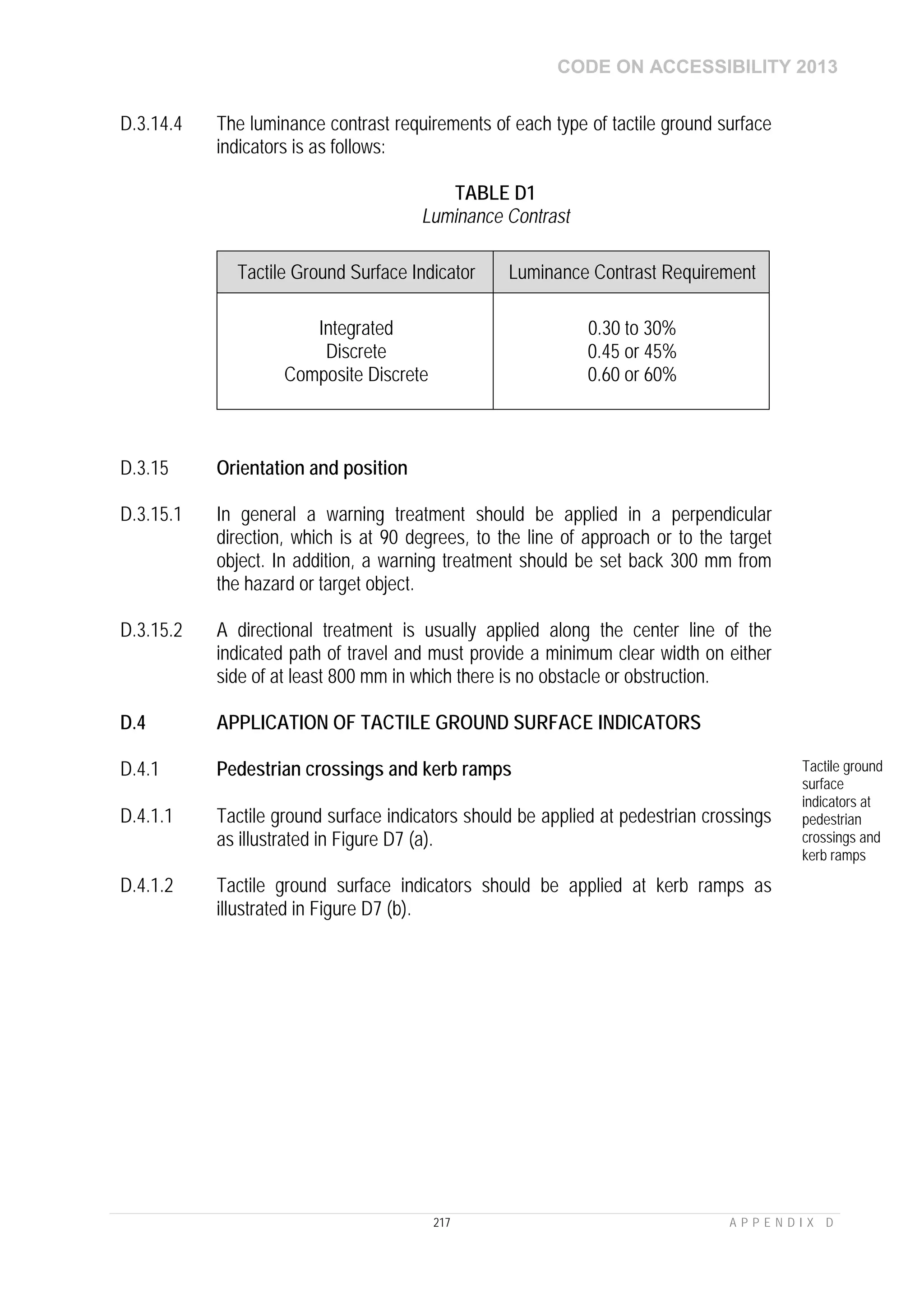 CODE ON ACCESSIBILITY 2013
217 A P P E N D I X D
D.3.14.4 The luminance contrast requirements of each type of tactile ground surface
indicators is as follows:
TABLE D1
Luminance Contrast
Tactile Ground Surface Indicator Luminance Contrast Requirement
Integrated
Discrete
Composite Discrete
0.30 to 30%
0.45 or 45%
0.60 or 60%
D.3.15 Orientation and position
D.3.15.1 In general a warning treatment should be applied in a perpendicular
direction, which is at 90 degrees, to the line of approach or to the target
object. In addition, a warning treatment should be set back 300 mm from
the hazard or target object.
D.3.15.2 A directional treatment is usually applied along the center line of the
indicated path of travel and must provide a minimum clear width on either
side of at least 800 mm in which there is no obstacle or obstruction.
D.4 APPLICATION OF TACTILE GROUND SURFACE INDICATORS
D.4.1 Pedestrian crossings and kerb ramps Tactile ground
surface
indicators at
pedestrian
crossings and
kerb ramps
D.4.1.1 Tactile ground surface indicators should be applied at pedestrian crossings
as illustrated in Figure D7 (a).
D.4.1.2 Tactile ground surface indicators should be applied at kerb ramps as
illustrated in Figure D7 (b).
 
