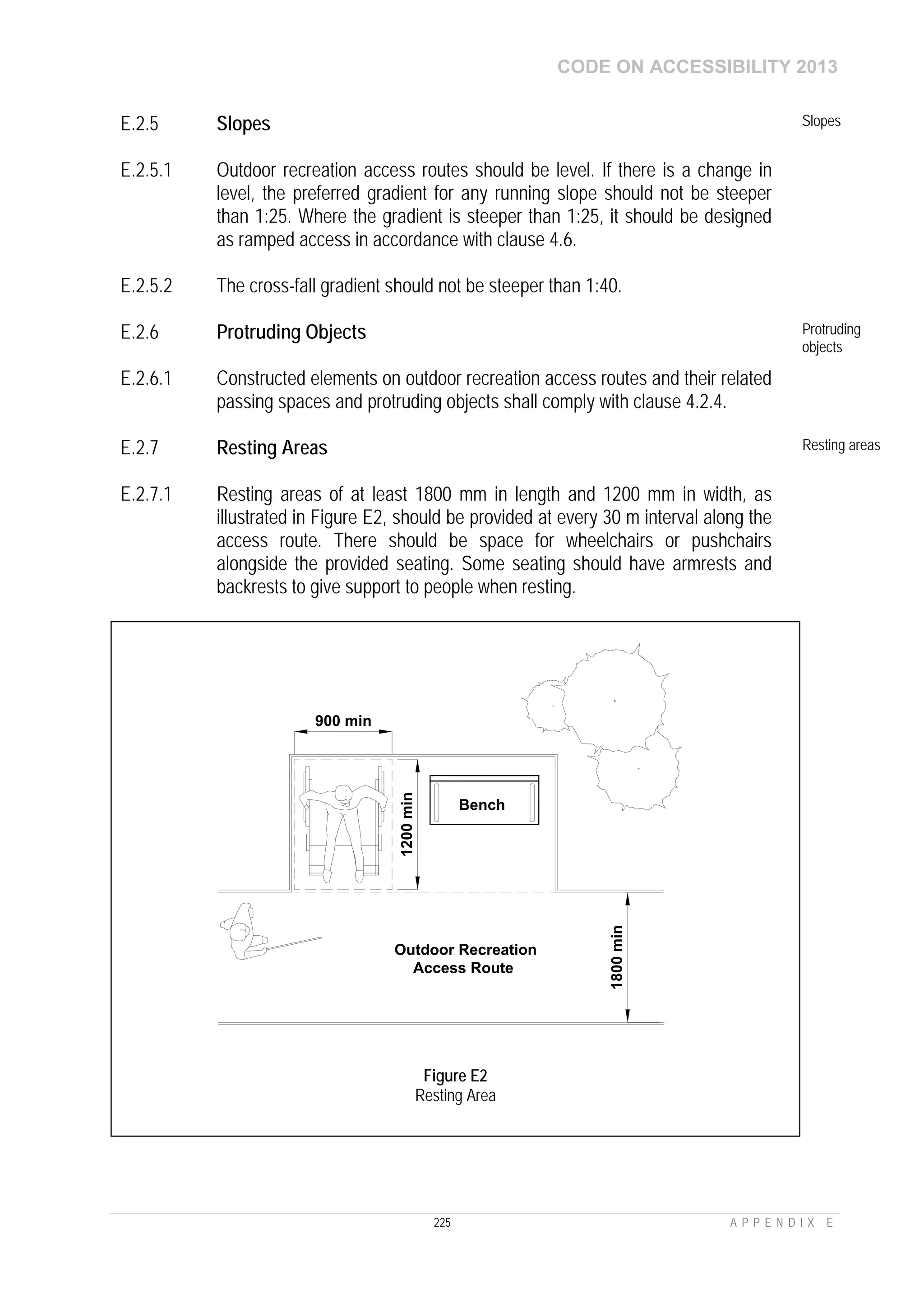 CODE ON ACCESSIBILITY 2013
225 A P P E N D I X E
E.2.5 Slopes Slopes
E.2.5.1 Outdoor recreation access routes should be level. If there is a change in
level, the preferred gradient for any running slope should not be steeper
than 1:25. Where the gradient is steeper than 1:25, it should be designed
as ramped access in accordance with clause 4.6.
E.2.5.2 The cross-fall gradient should not be steeper than 1:40.
E.2.6 Protruding Objects Protruding
objects
E.2.6.1 Constructed elements on outdoor recreation access routes and their related
passing spaces and protruding objects shall comply with clause 4.2.4.
E.2.7 Resting Areas Resting areas
E.2.7.1 Resting areas of at least 1800 mm in length and 1200 mm in width, as
illustrated in Figure E2, should be provided at every 30 m interval along the
access route. There should be space for wheelchairs or pushchairs
alongside the provided seating. Some seating should have armrests and
backrests to give support to people when resting.
Bench
900 min
1800min
1200min
Outdoor Recreation
Access Route
Figure E2
Resting Area
 