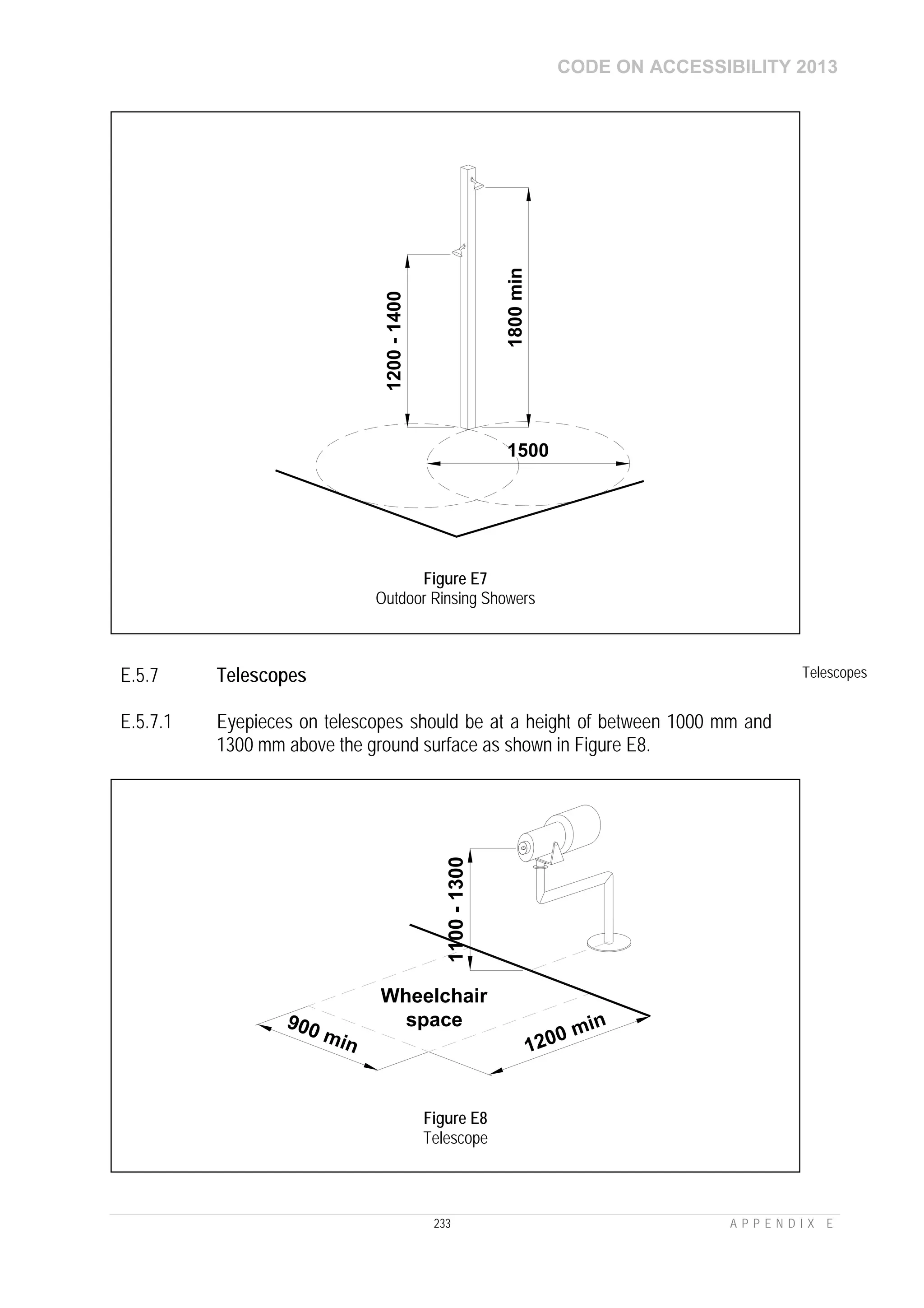 CODE ON ACCESSIBILITY 2013
233 A P P E N D I X E
E.5.7 Telescopes Telescopes
E.5.7.1 Eyepieces on telescopes should be at a height of between 1000 mm and
1300 mm above the ground surface as shown in Figure E8.
1800min
1200-1400
1500
Figure E7
Outdoor Rinsing Showers
1100-1300
1200 min900 min
Wheelchair
space
Figure E8
Telescope
 